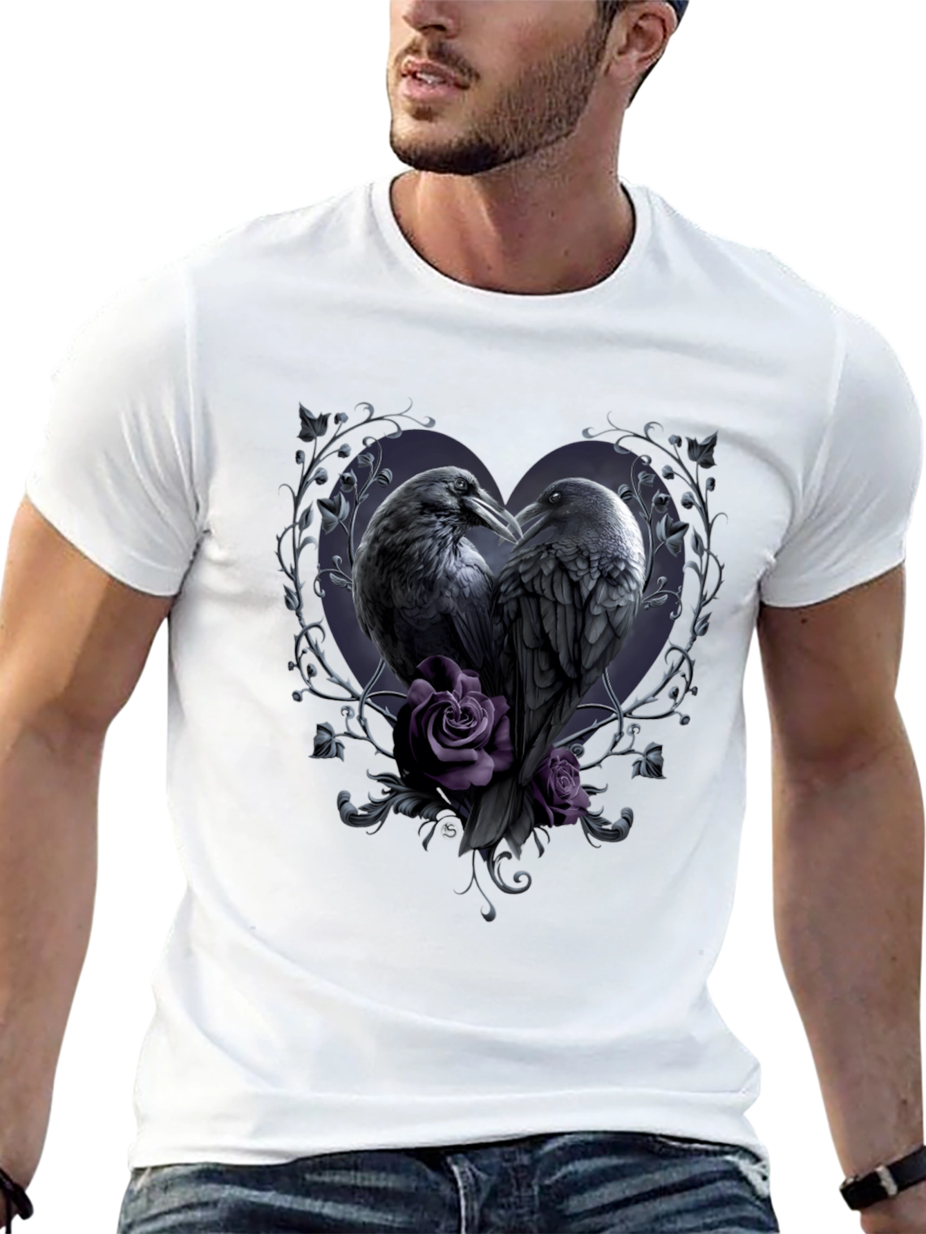 Gothic Crow Heart T-Shirt - Romantic Raven Design