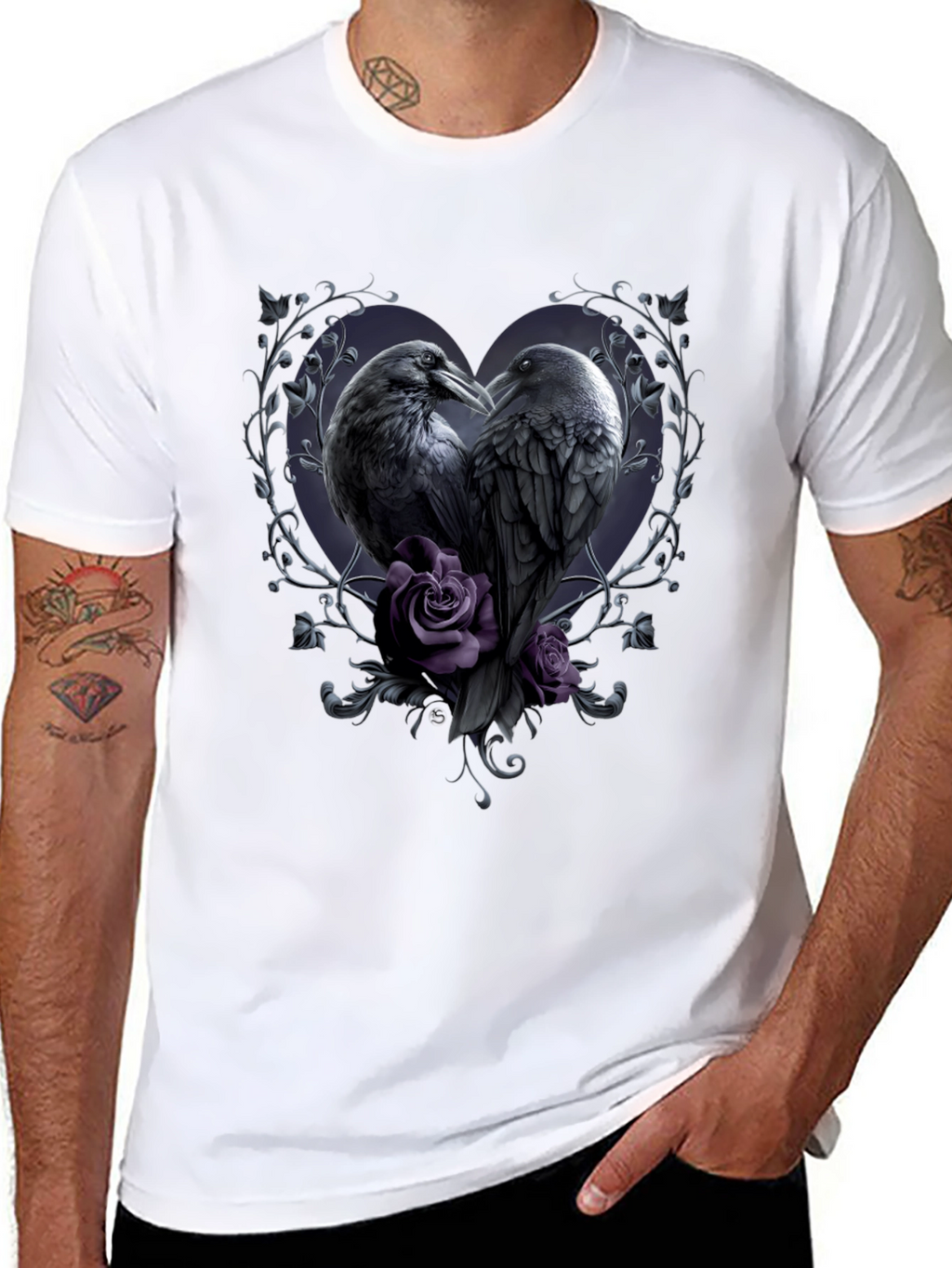 Gothic Crow Heart T-Shirt - Romantic Raven Design