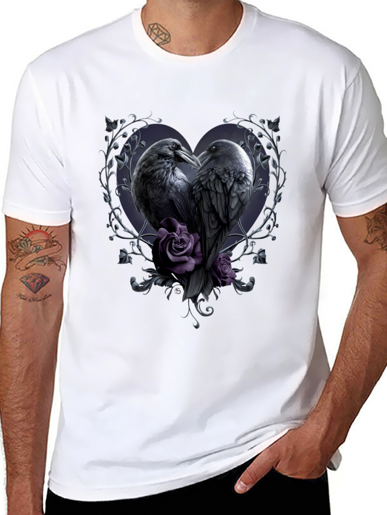 Gothic Crow Heart T-Shirt - Romantic Raven Design