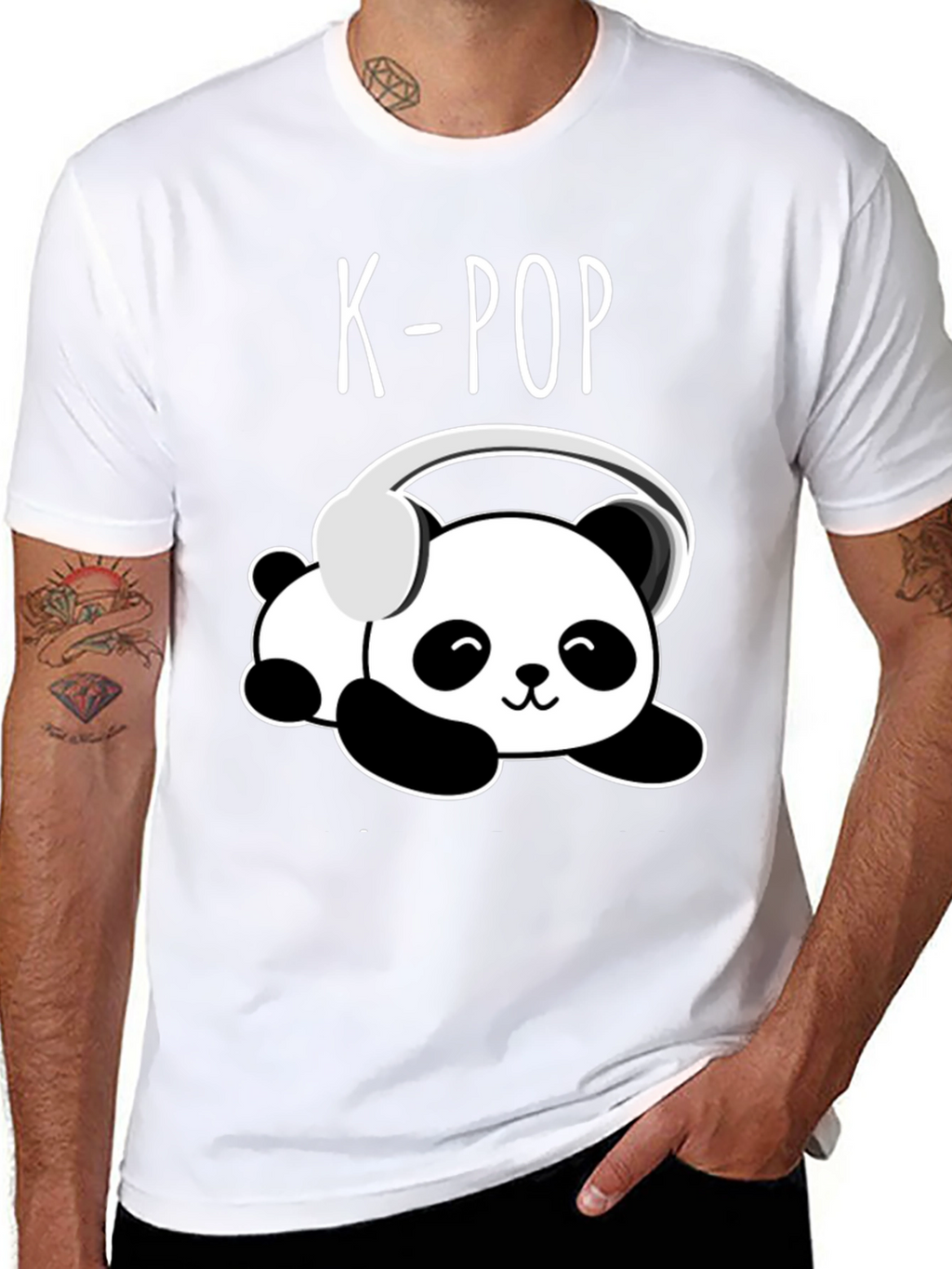 K-Pop Panda Headphone Graphic Black T-Shirt
