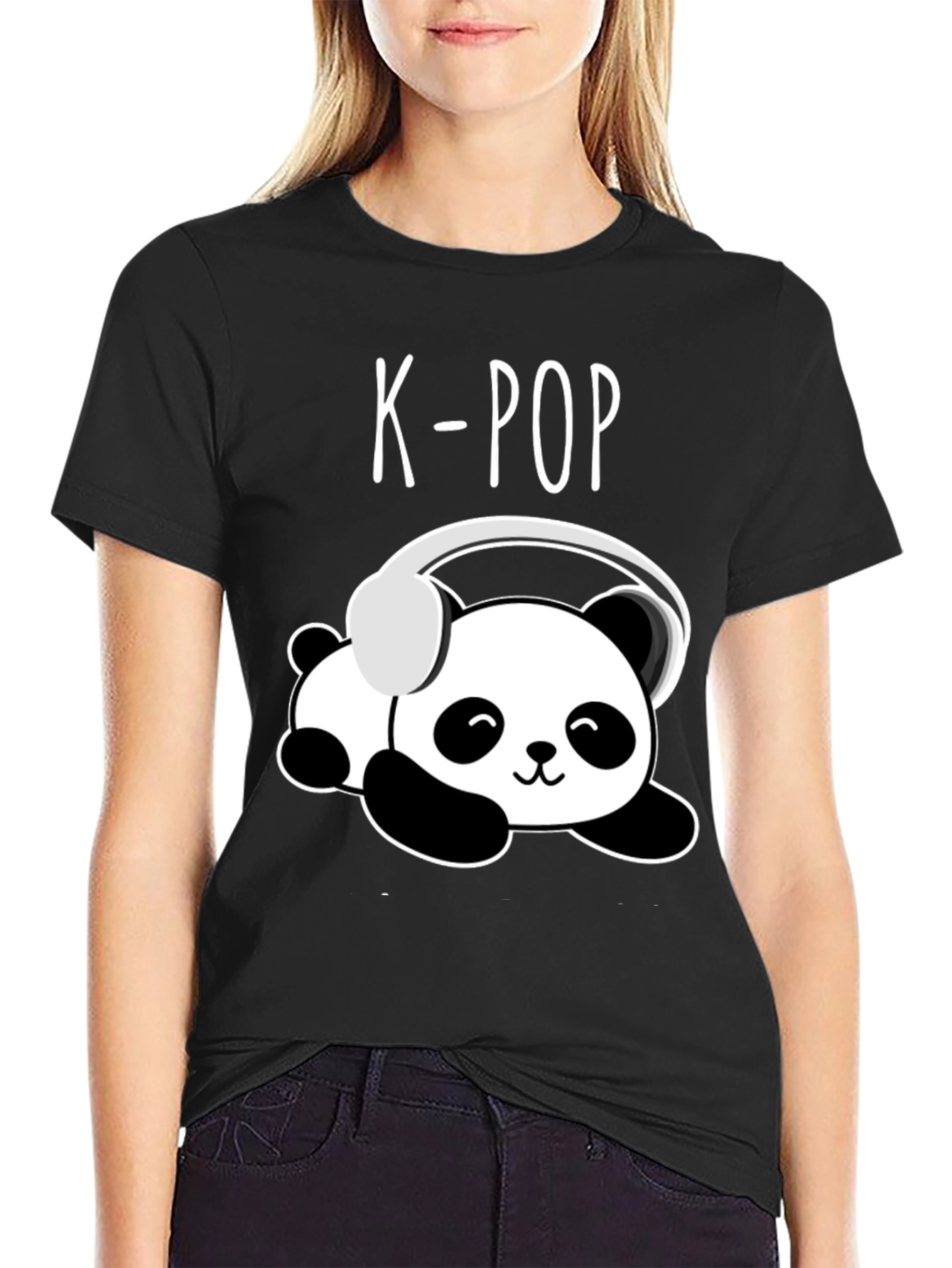 K-Pop Panda Headphone Graphic Black T-Shirt