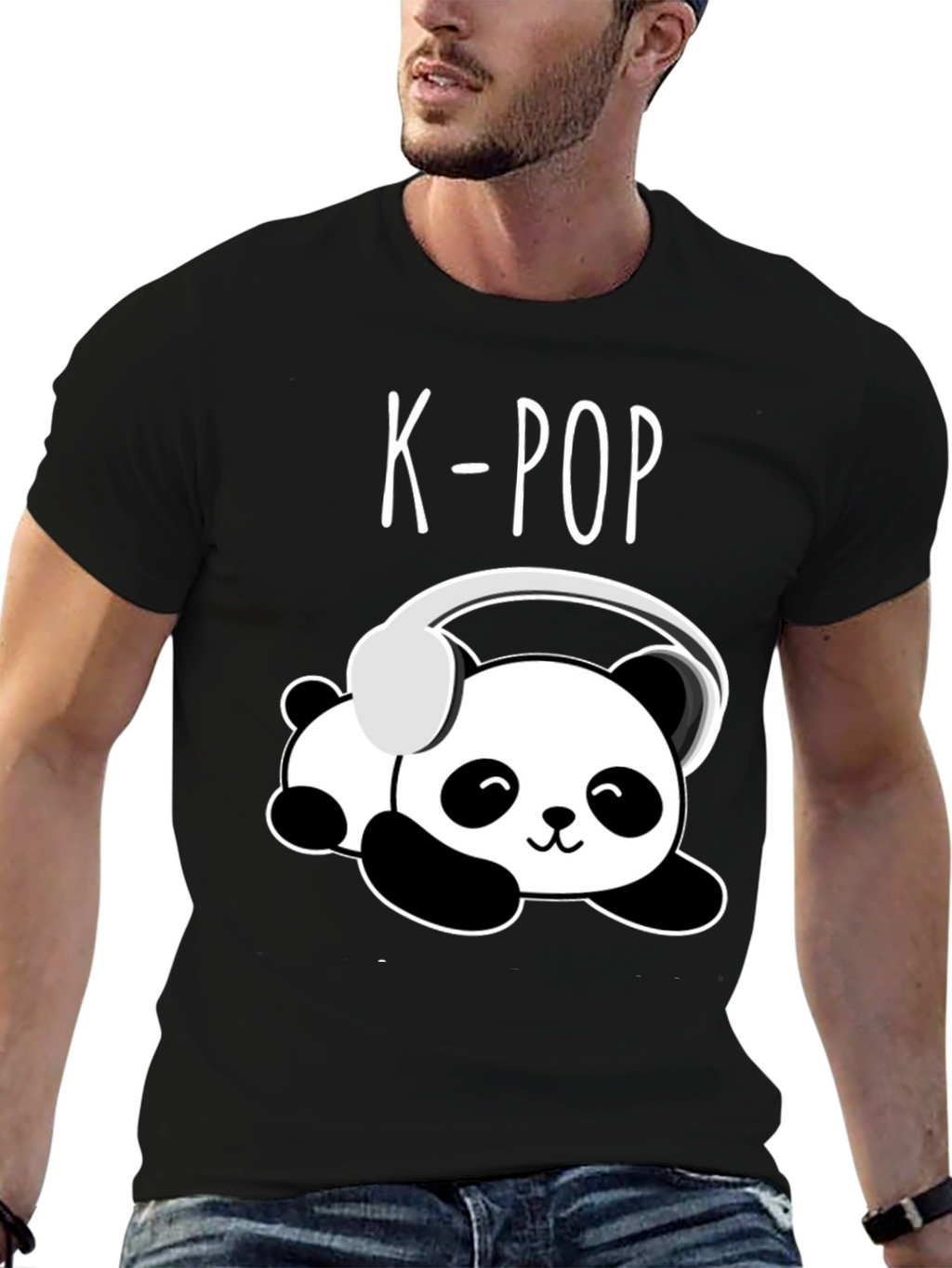 K-Pop Panda Headphone Graphic Black T-Shirt