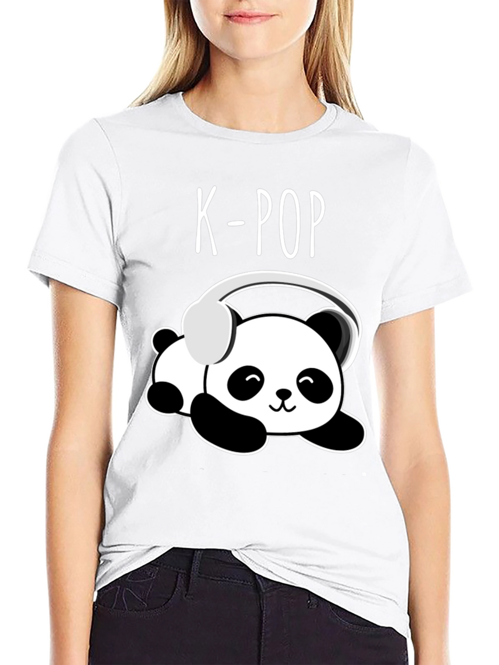 K-Pop Panda Headphone Graphic Black T-Shirt