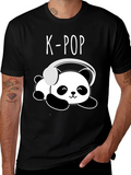 K-Pop Panda Headphone Graphic Black T-Shirt