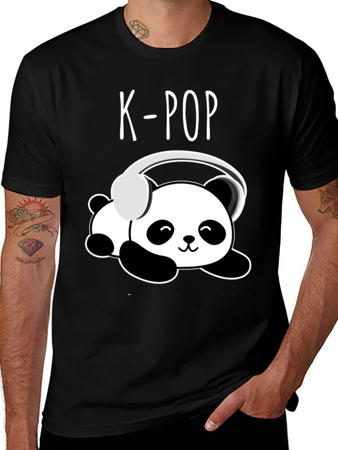 K-Pop Panda Headphone Graphic Black T-Shirt