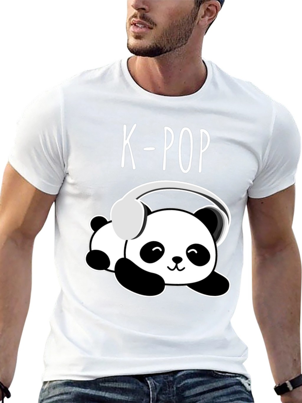 K-Pop Panda Headphone Graphic Black T-Shirt