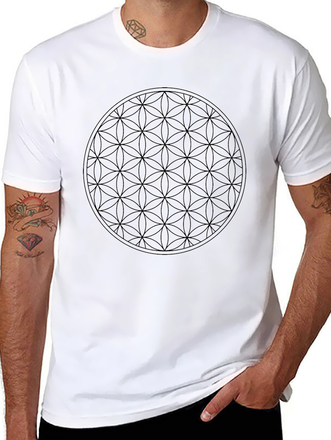 Geometric Flower of Life Graphic Tee - Black