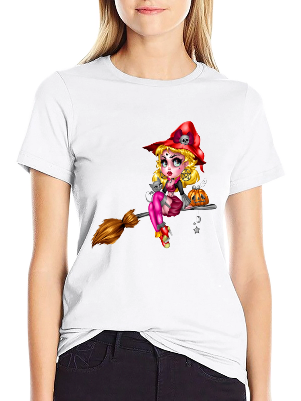 Witch on Broom Black T-Shirt - Halloween Graphic Tee