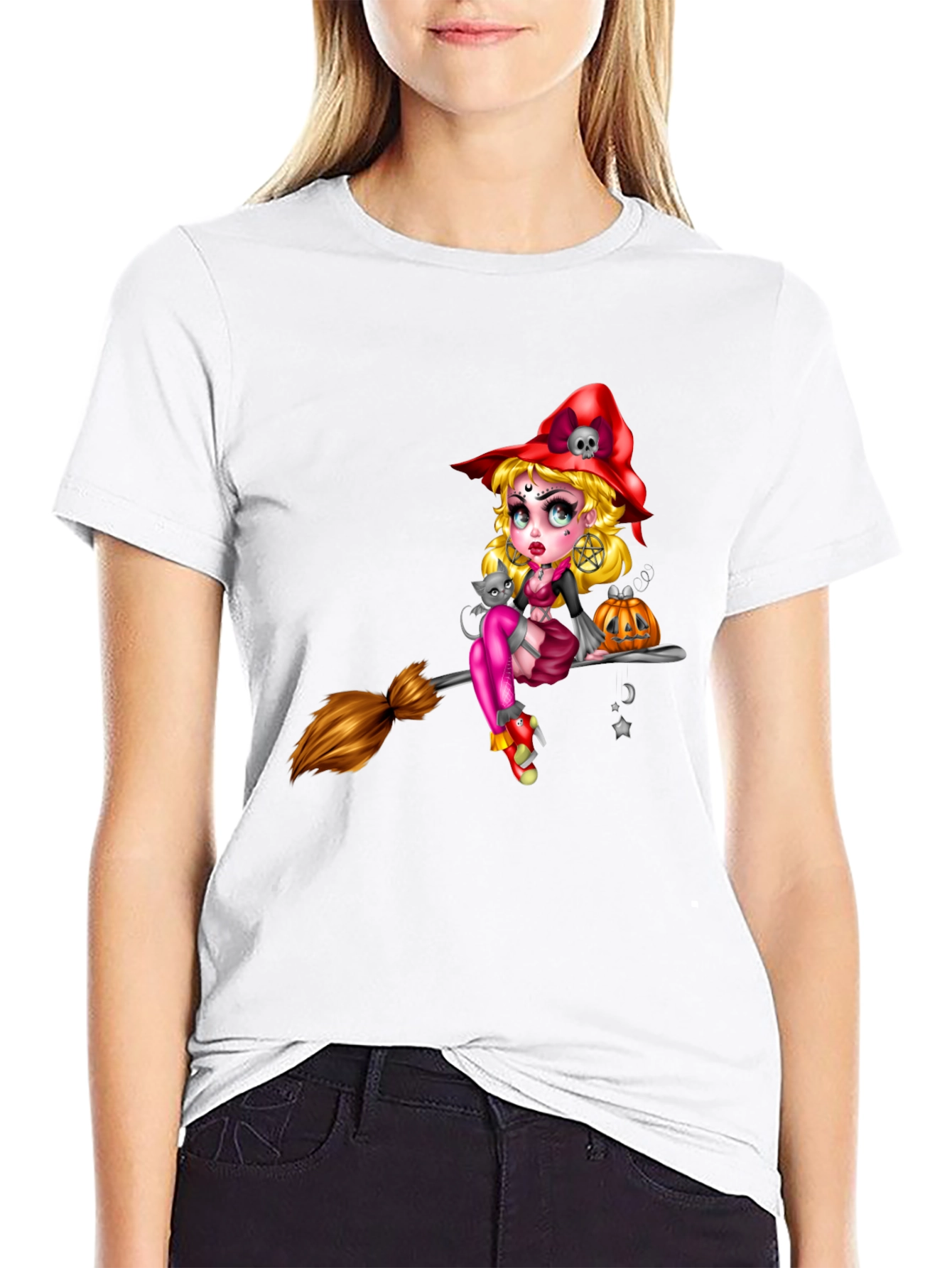 Witch on Broom Black T-Shirt - Halloween Graphic Tee