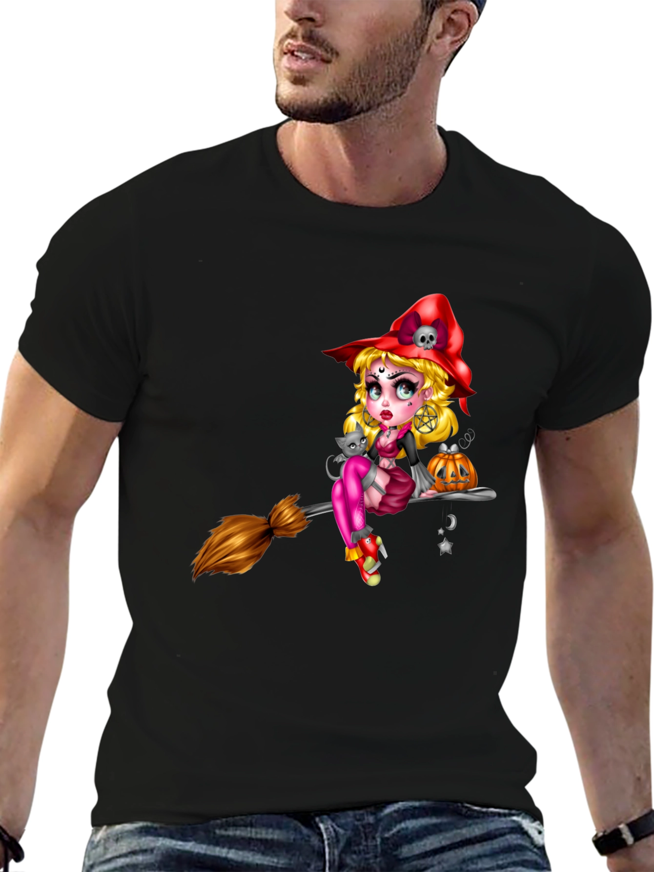 Witch on Broom Black T-Shirt - Halloween Graphic Tee