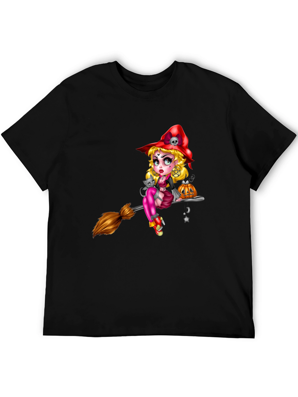 Witch on Broom Black T-Shirt - Halloween Graphic Tee