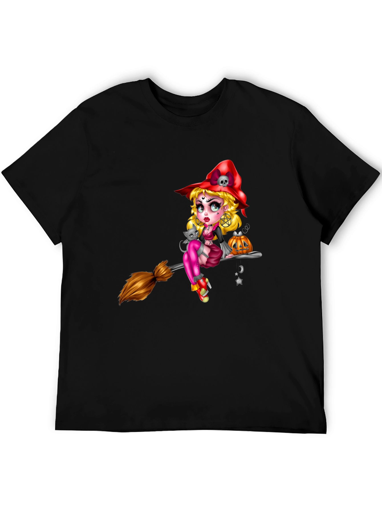 Witch on Broom Black T-Shirt - Halloween Graphic Tee