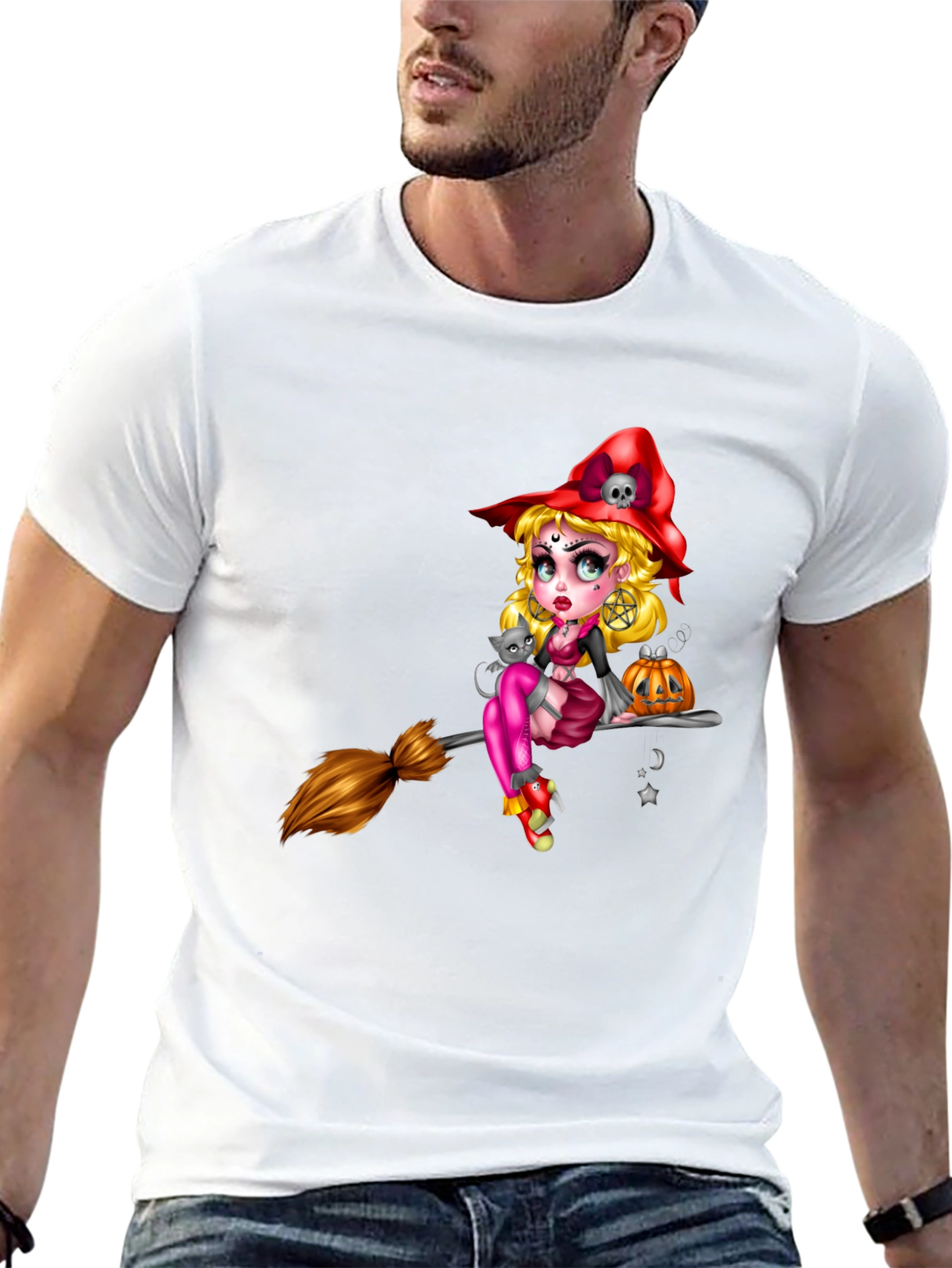 Witch on Broom Black T-Shirt - Halloween Graphic Tee