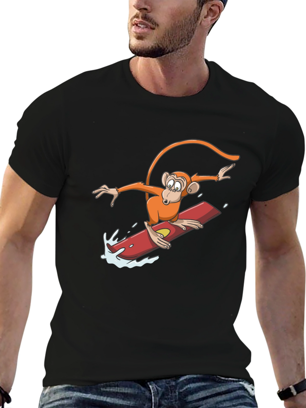 Surfing Monkey Graphic Tee - Black Cotton T-Shirt