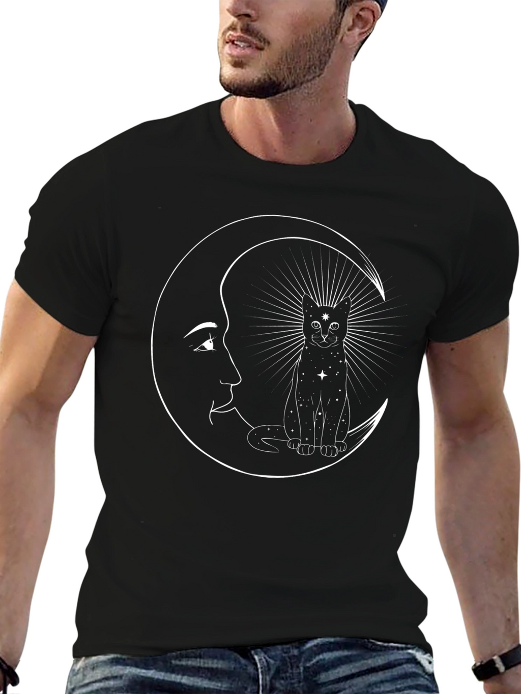 Celestial Cat Moon T-Shirt - Black Graphic Tee