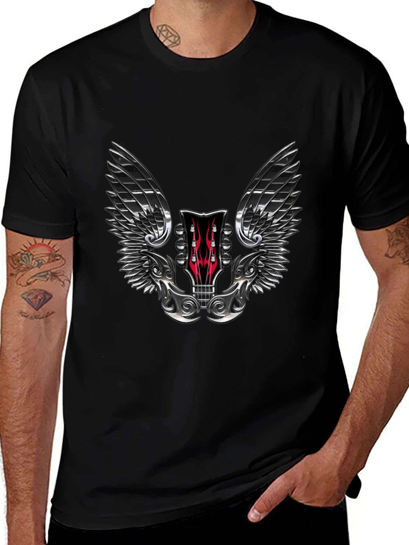 Winged Guitar Headstock Graphic Tee - Rocker Style