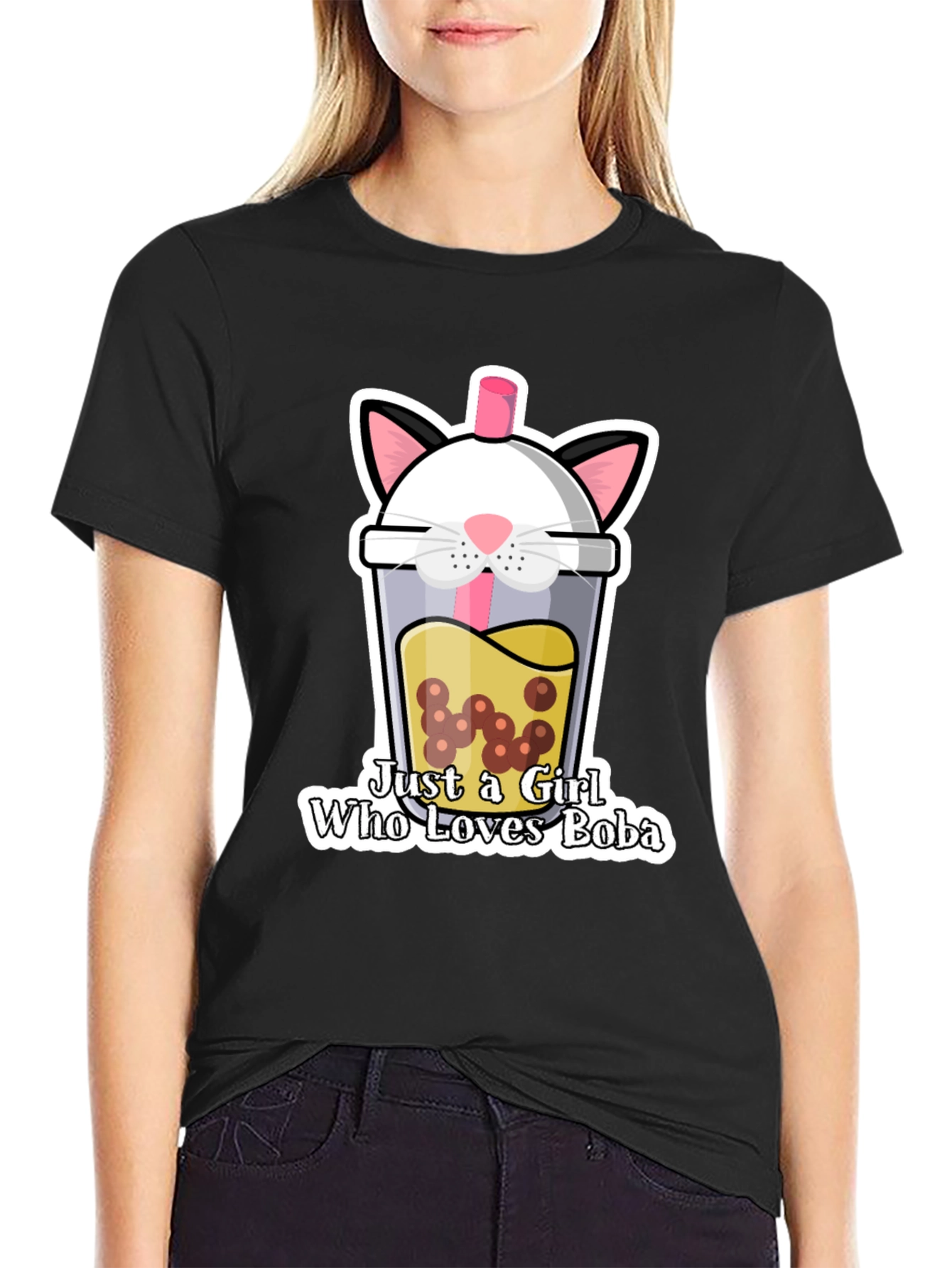 Cute Boba Cat Graphic Tee - Black Unisex T-Shirt
