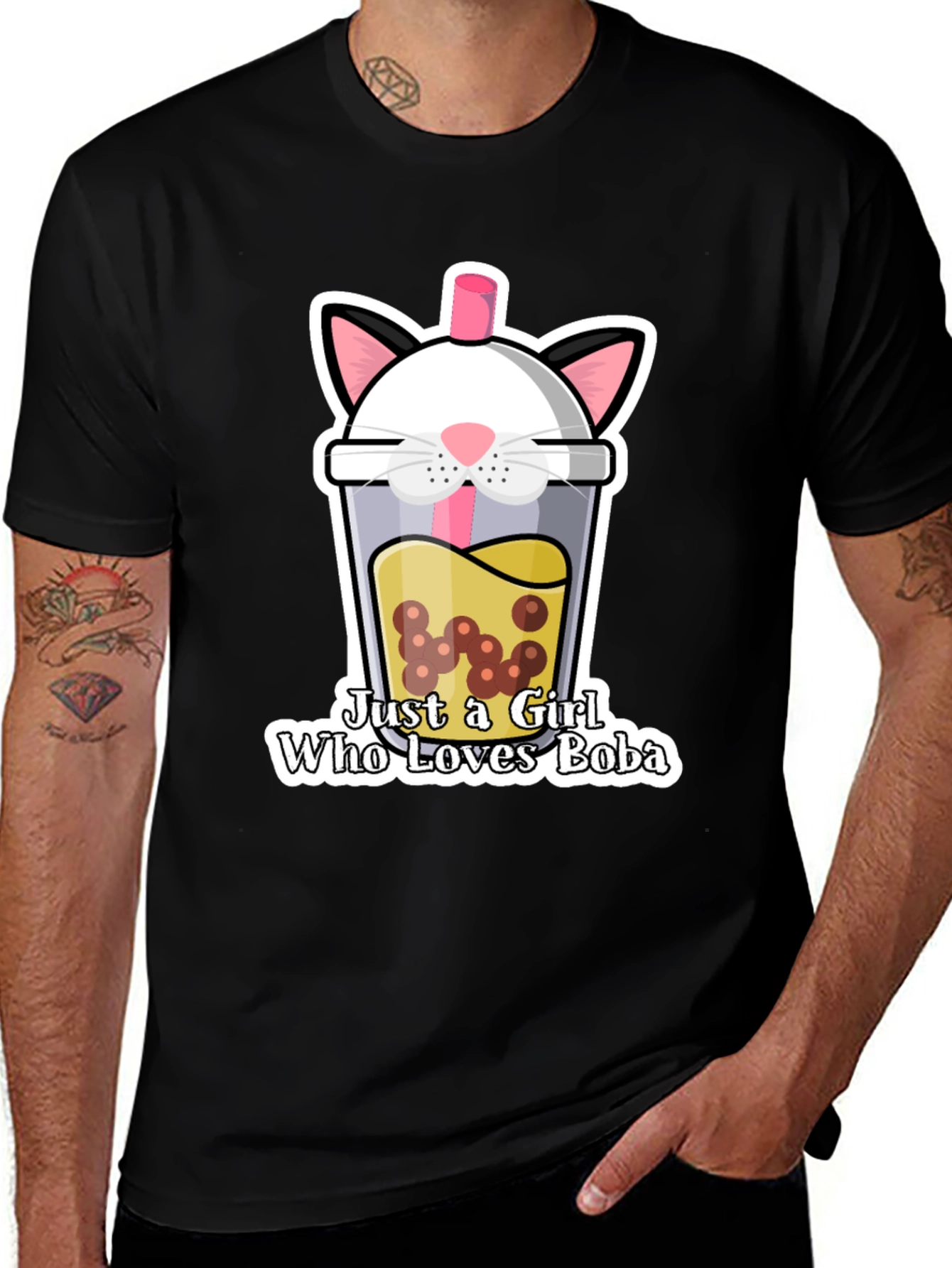 Cute Boba Cat Graphic Tee - Black Unisex T-Shirt