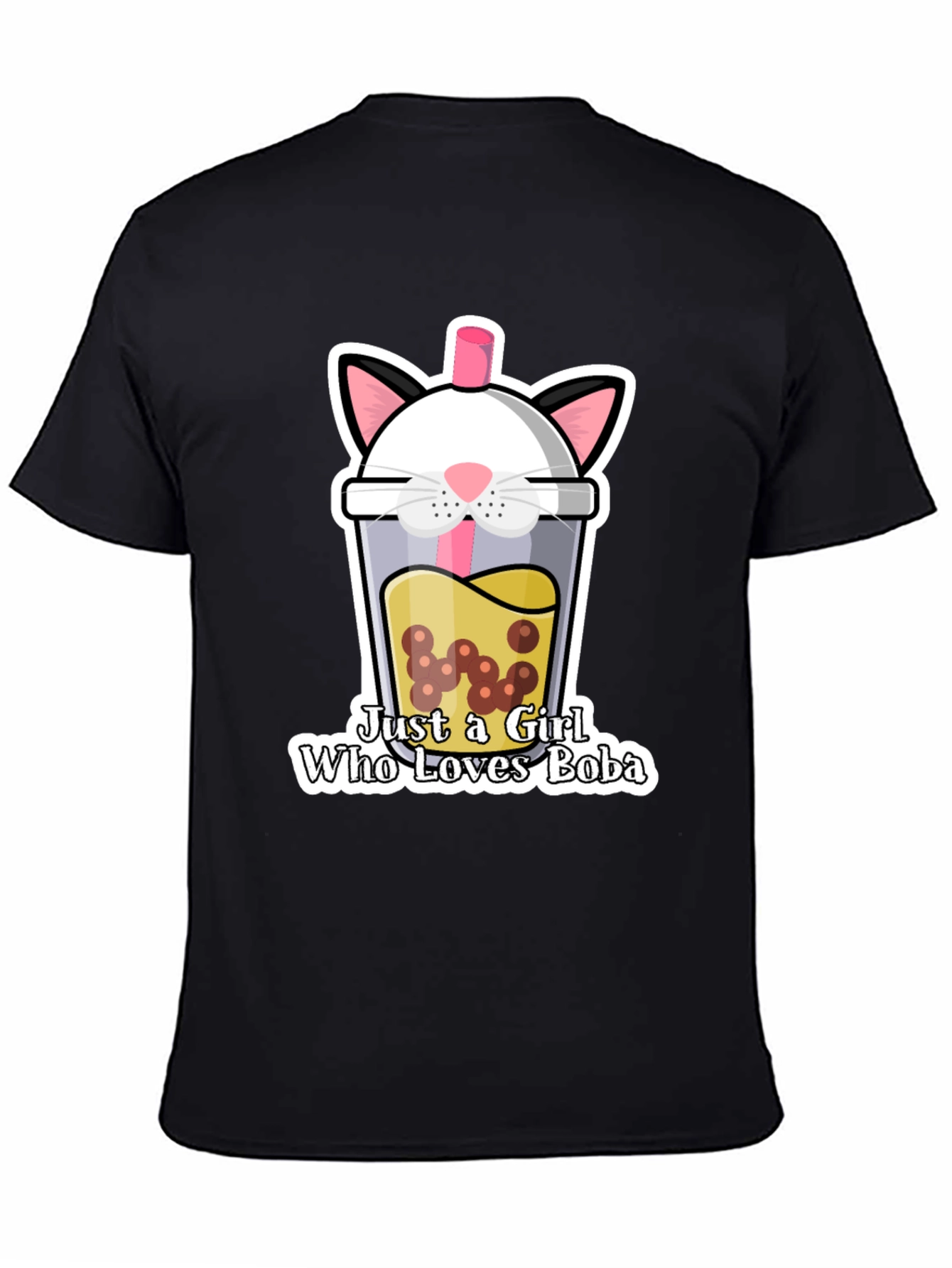 Cute Boba Cat Graphic Tee - Black Unisex T-Shirt