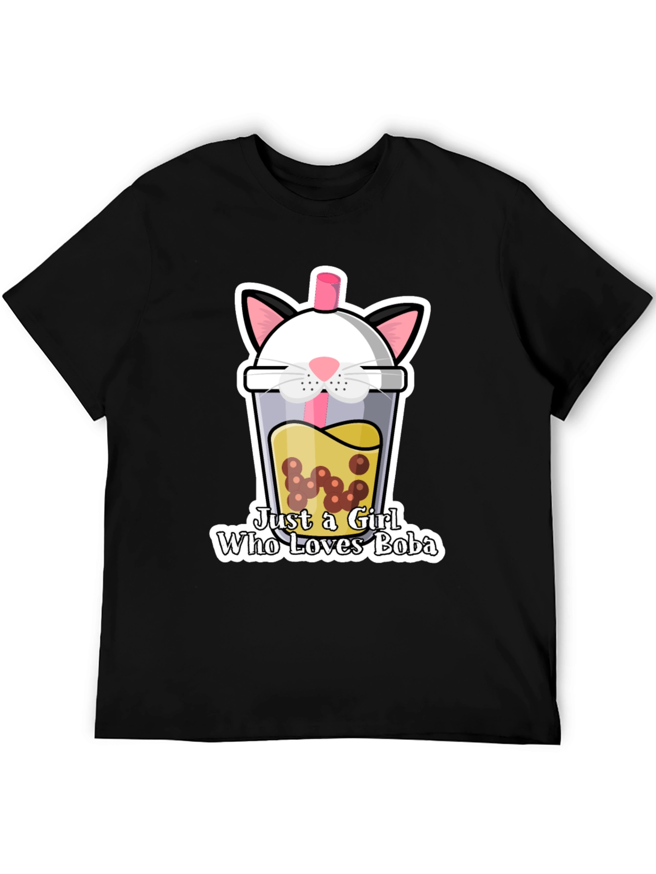 Cute Boba Cat Graphic Tee - Black Unisex T-Shirt
