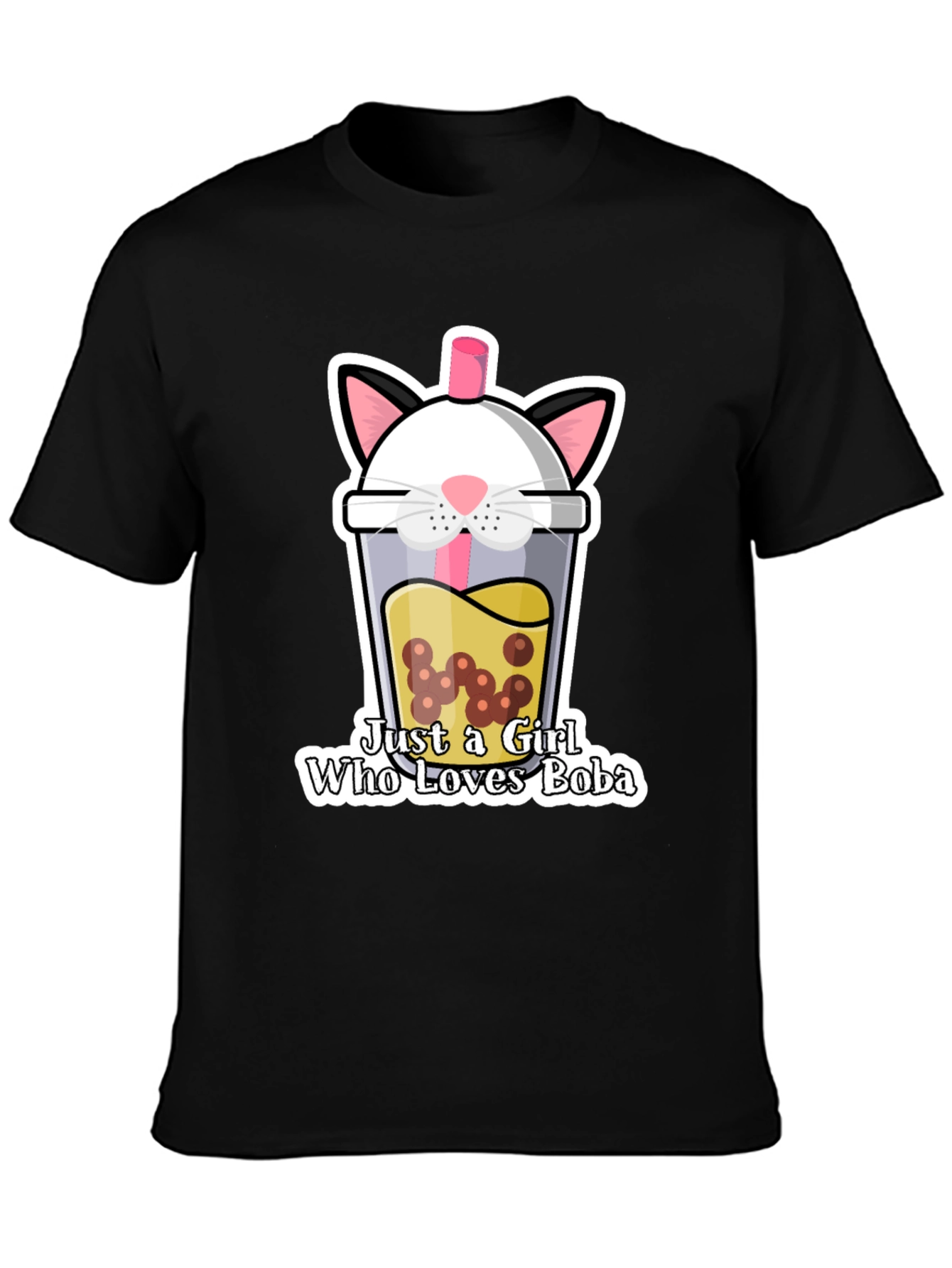 Cute Boba Cat Graphic Tee - Black Unisex T-Shirt