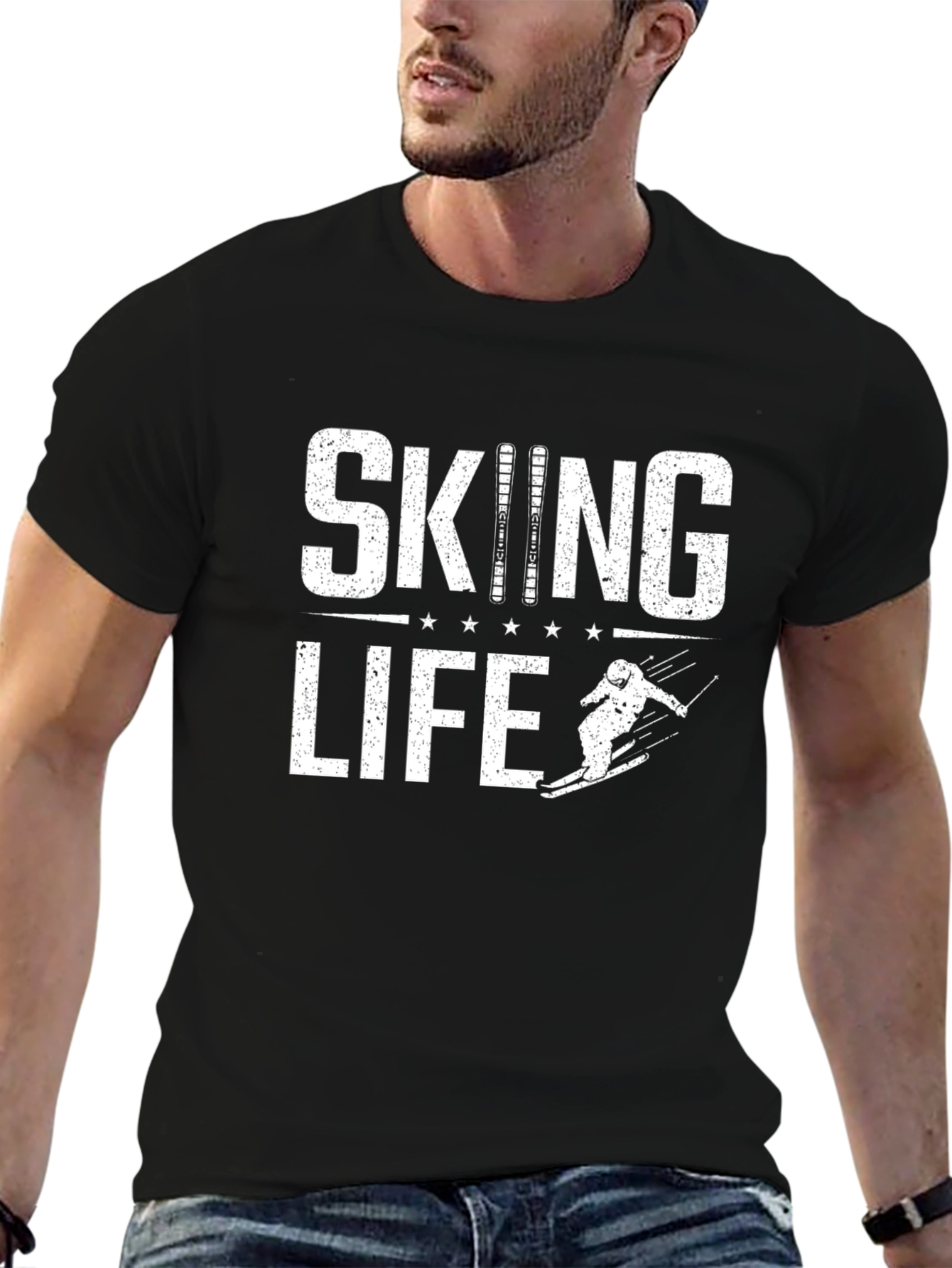 Skiing Life Graphic Tee - Black Cotton T-Shirt