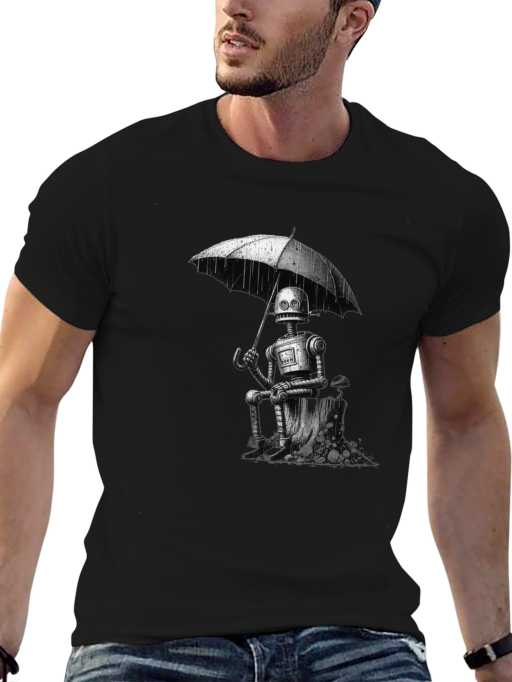 Robot Under Umbrella Graphic T-Shirt