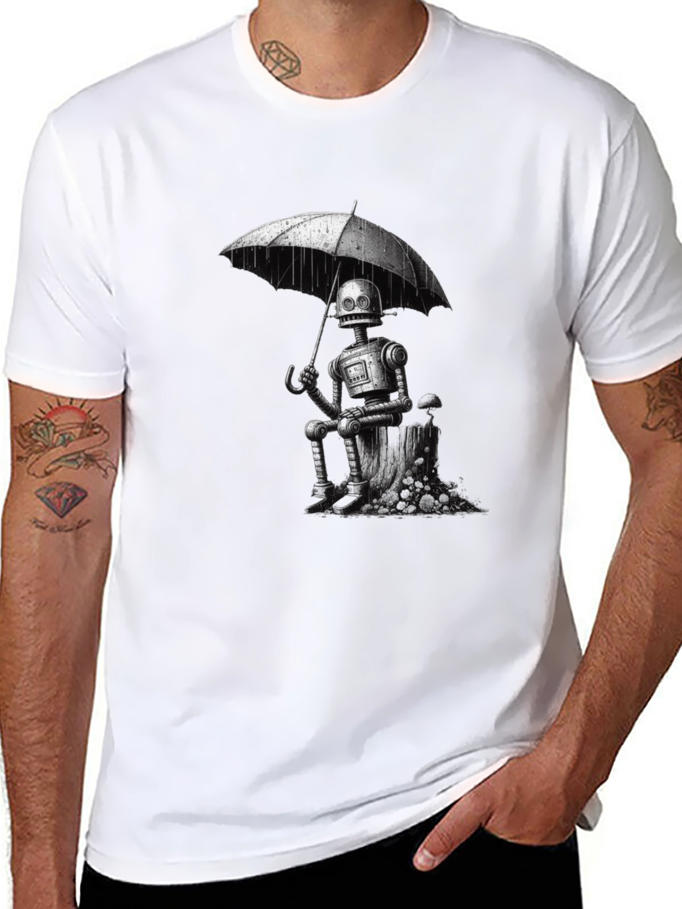 Robot Under Umbrella Graphic T-Shirt