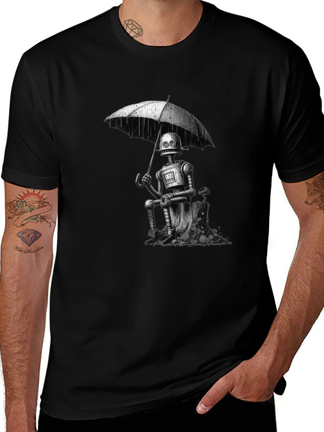 Robot Under Umbrella Graphic T-Shirt