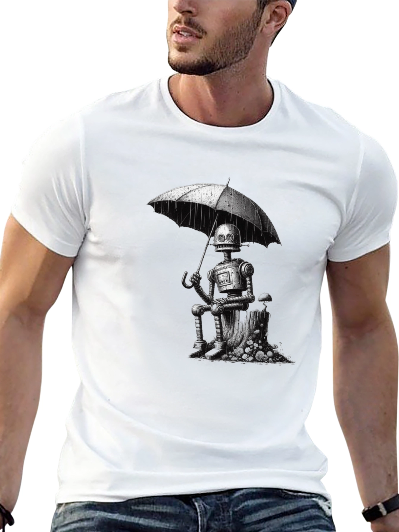 Robot Under Umbrella Graphic T-Shirt