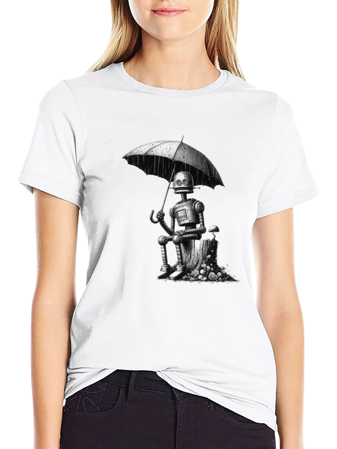 Robot Under Umbrella Graphic T-Shirt
