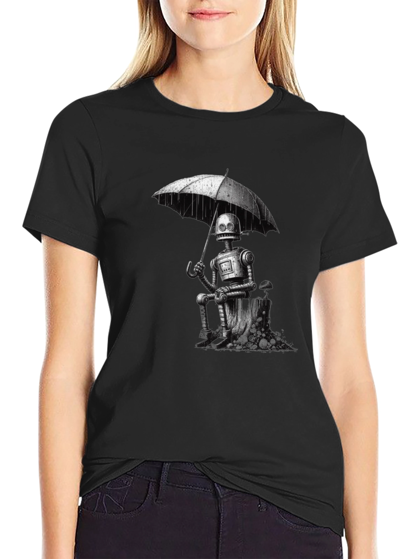 Robot Under Umbrella Graphic T-Shirt
