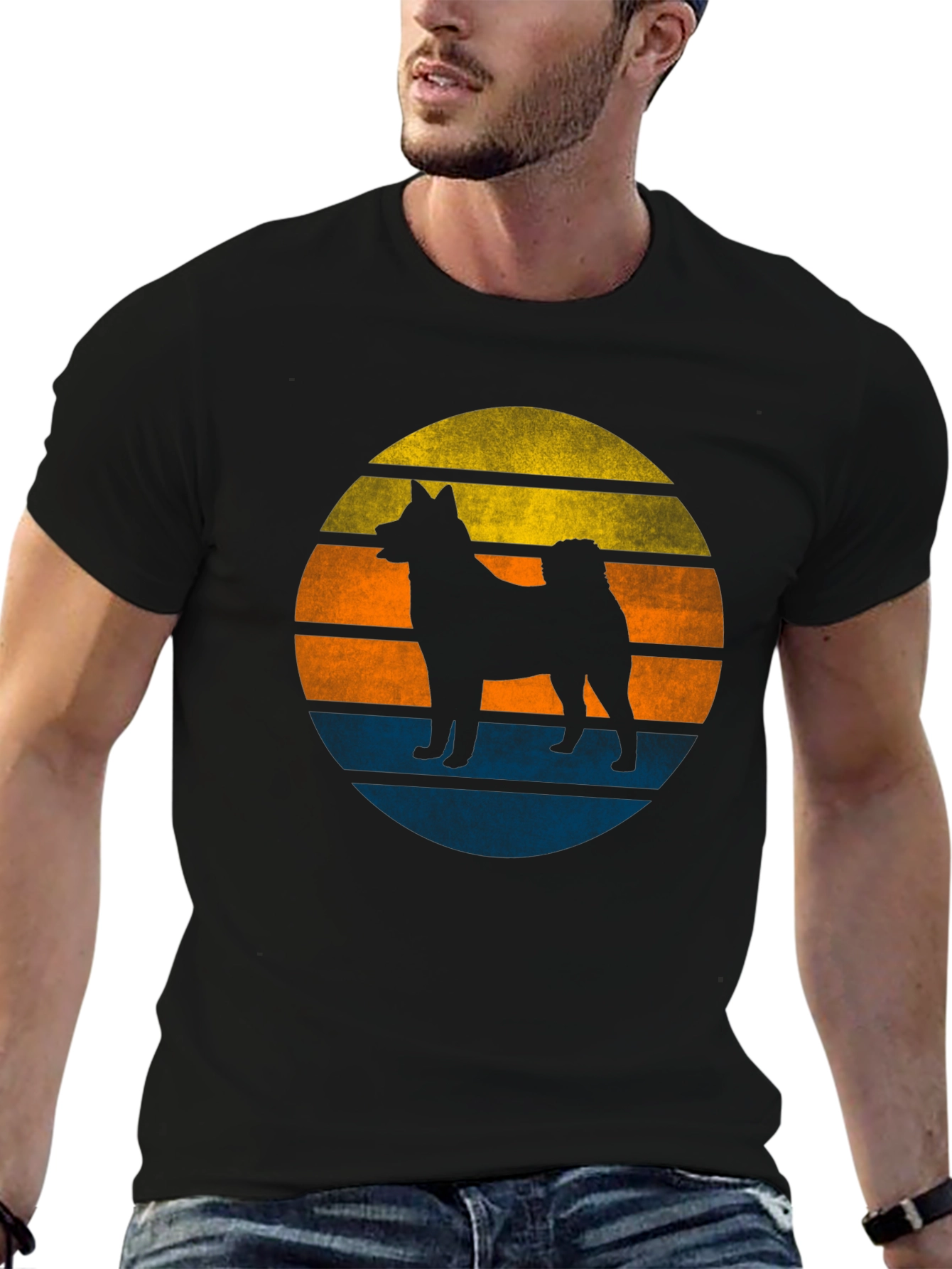 Retro Dog Sunset Graphic Tee - Mens Black T-Shirt