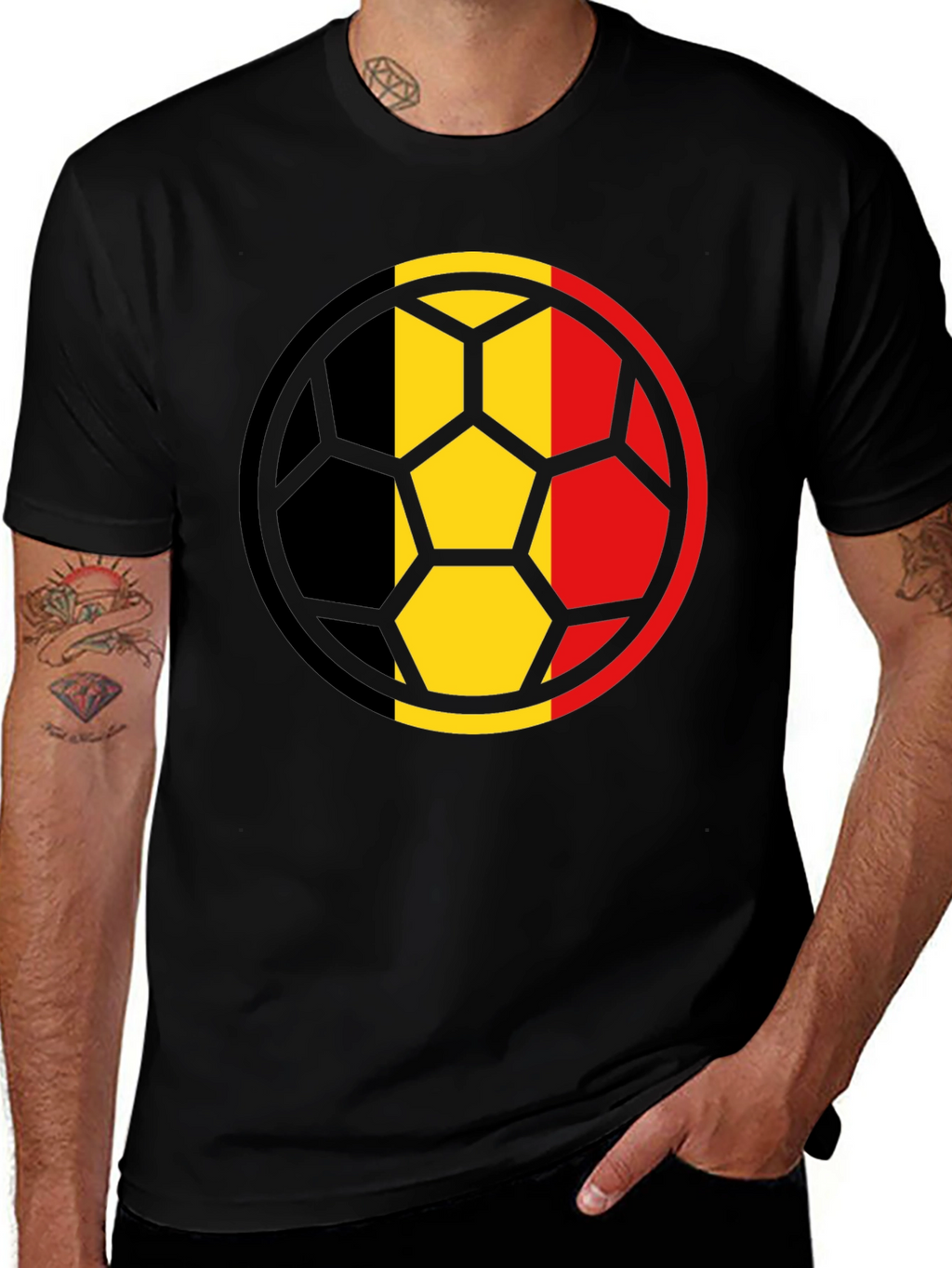 Belgium Flag Soccer Ball Black T-Shirt