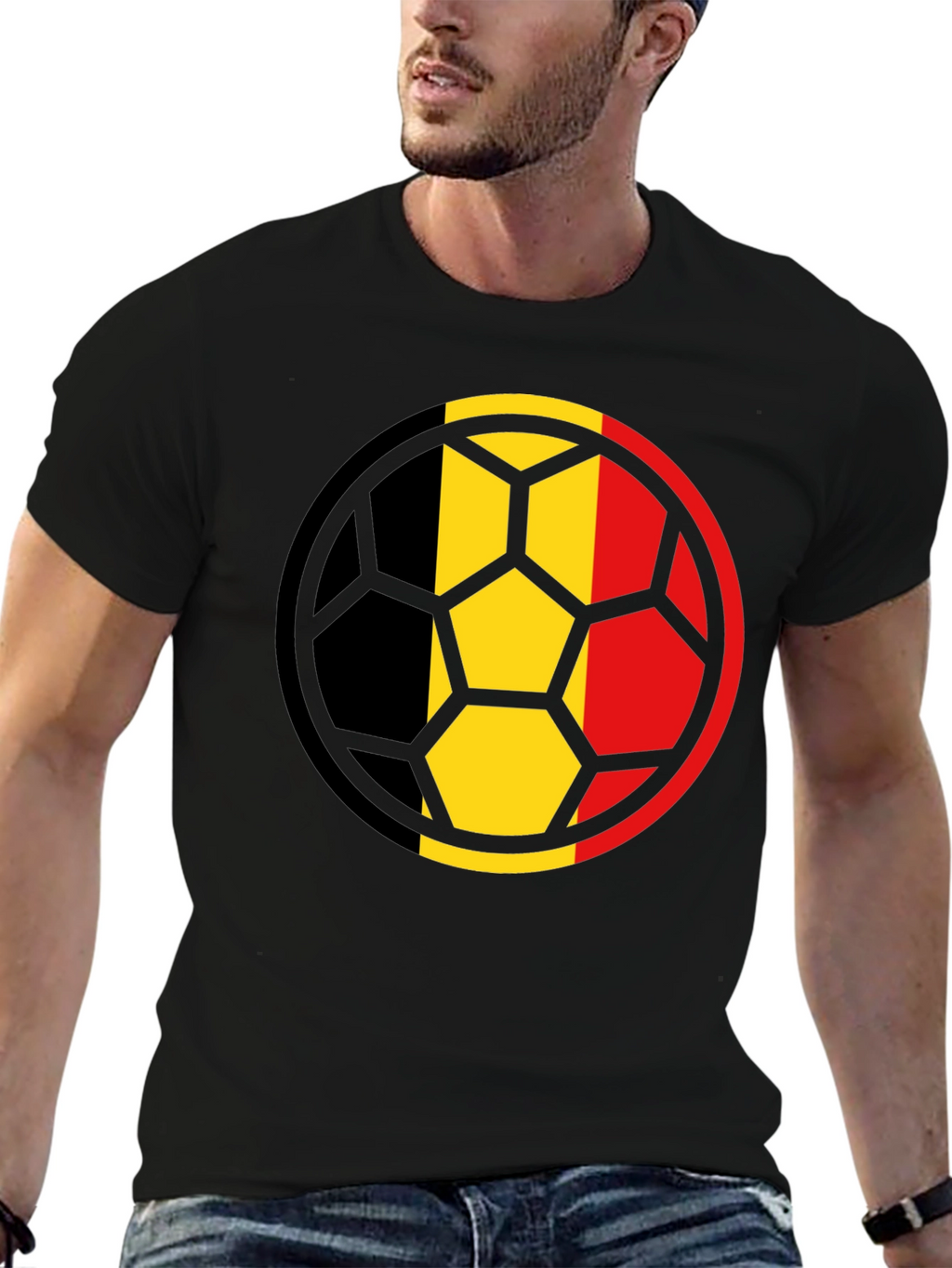Belgium Flag Soccer Ball Black T-Shirt