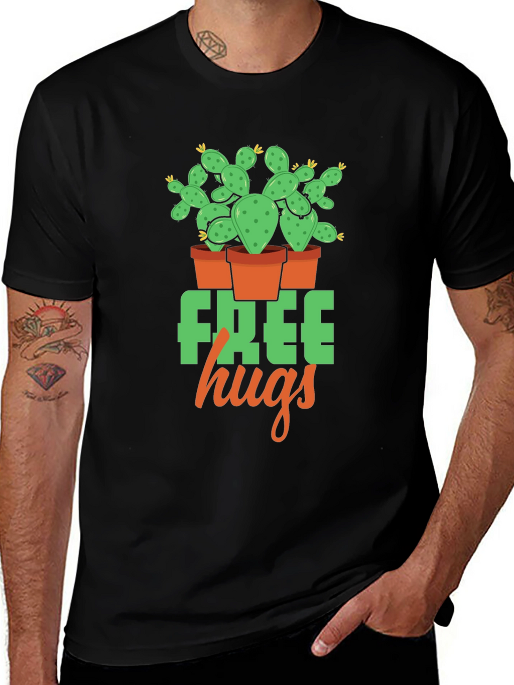 Free Hugs Cactus Graphic T-Shirt - Black