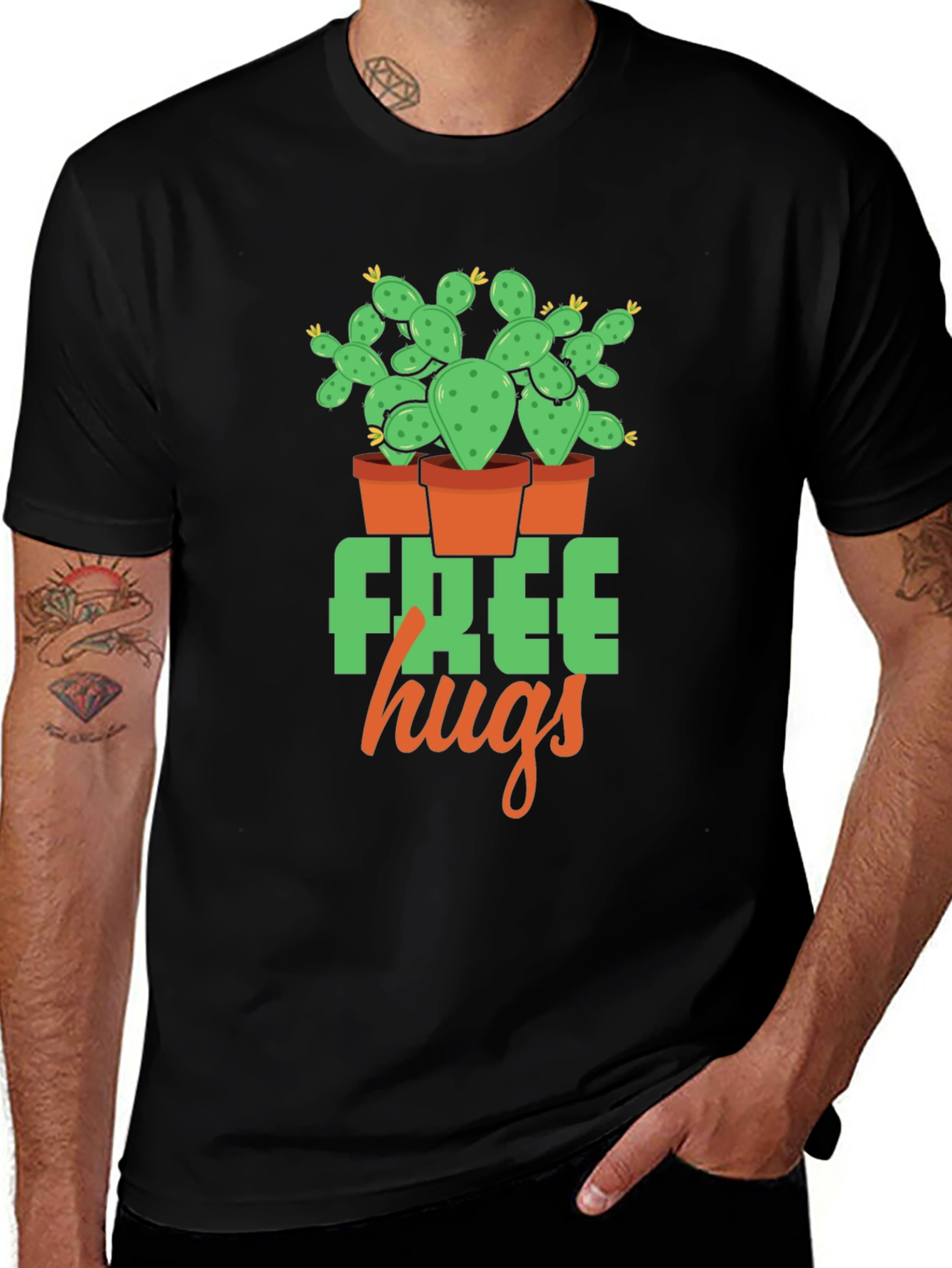 Free Hugs Cactus Graphic T-Shirt - Black