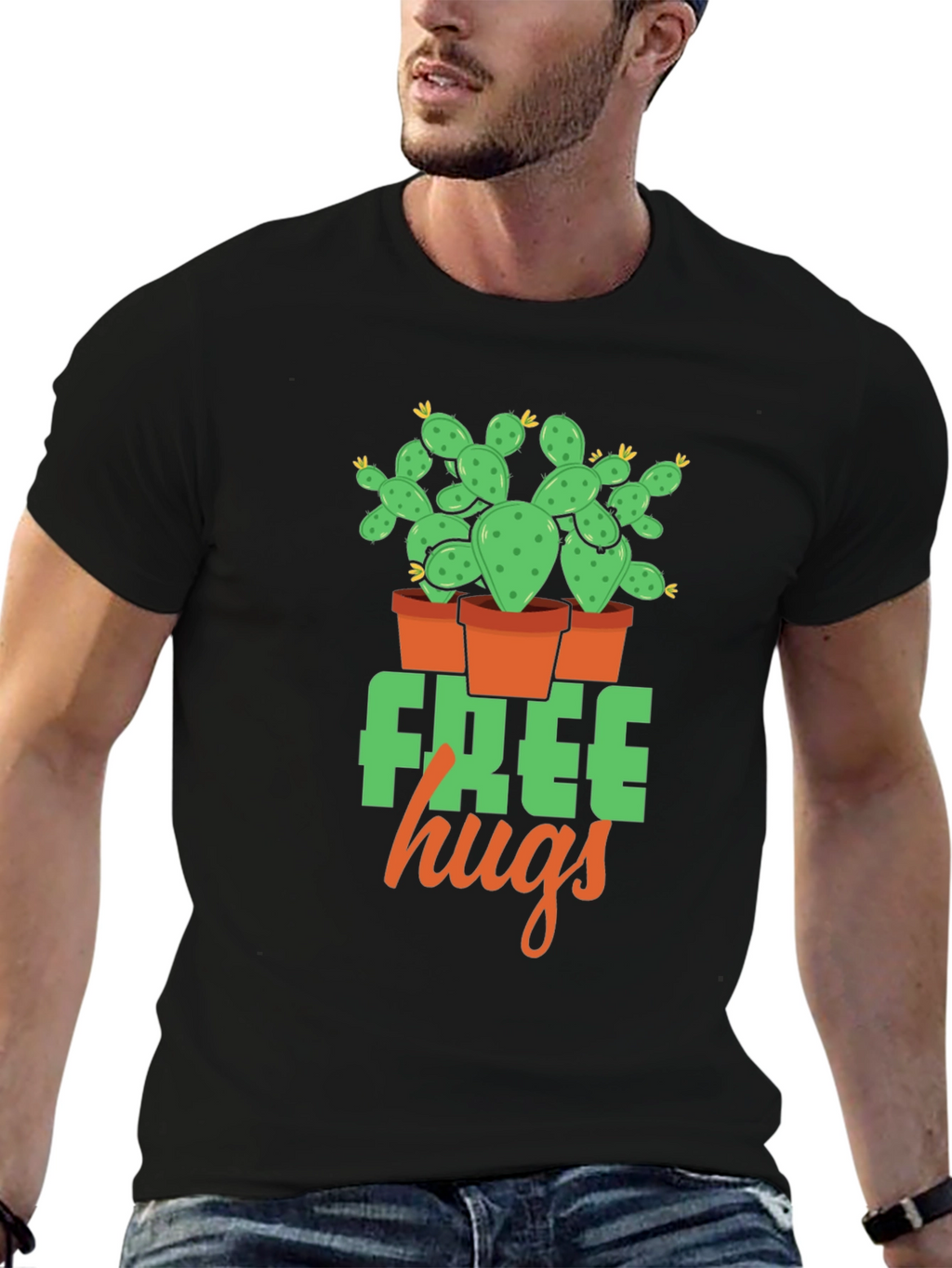 Free Hugs Cactus Graphic T-Shirt - Black
