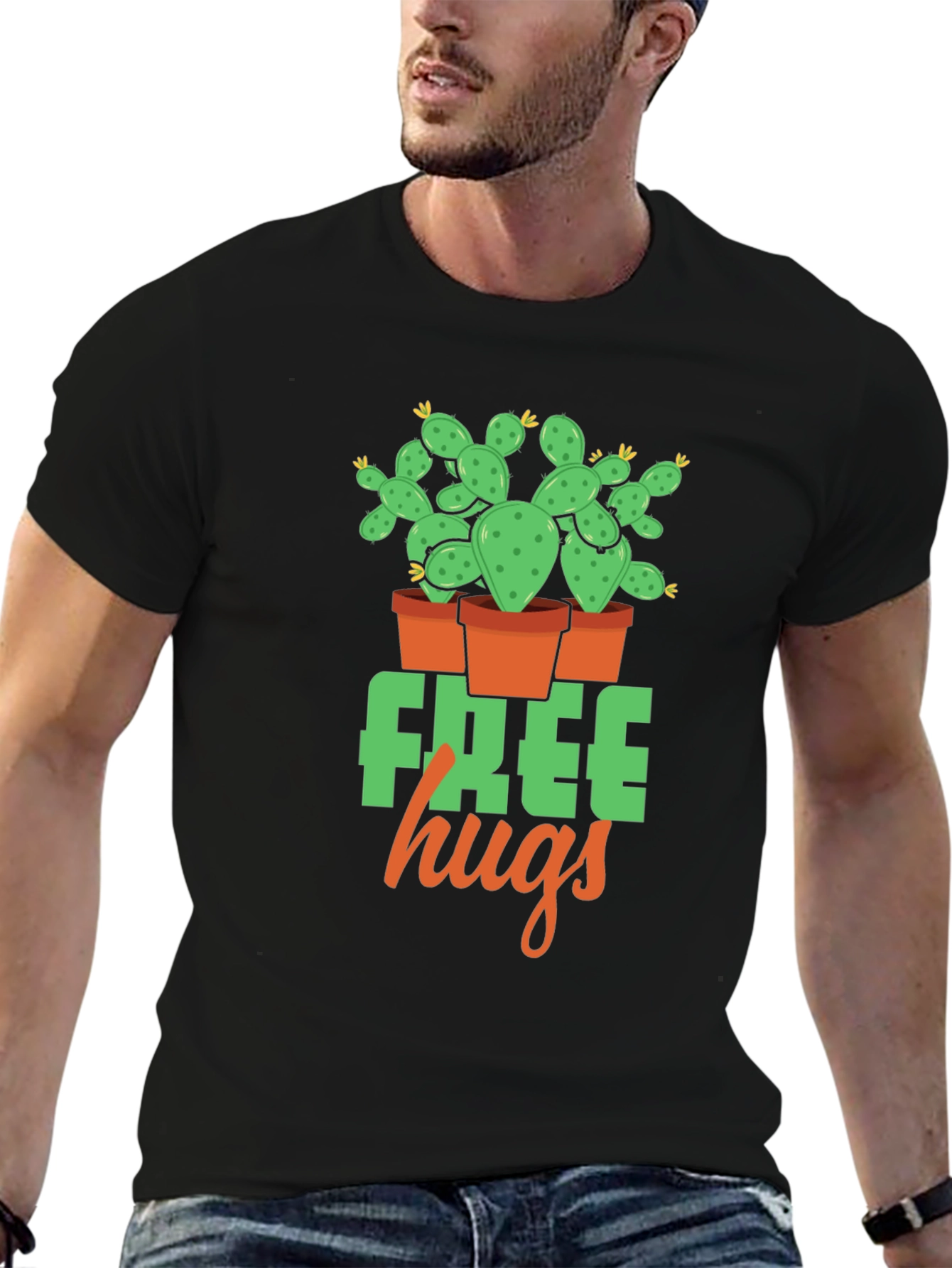 Free Hugs Cactus Graphic T-Shirt - Black