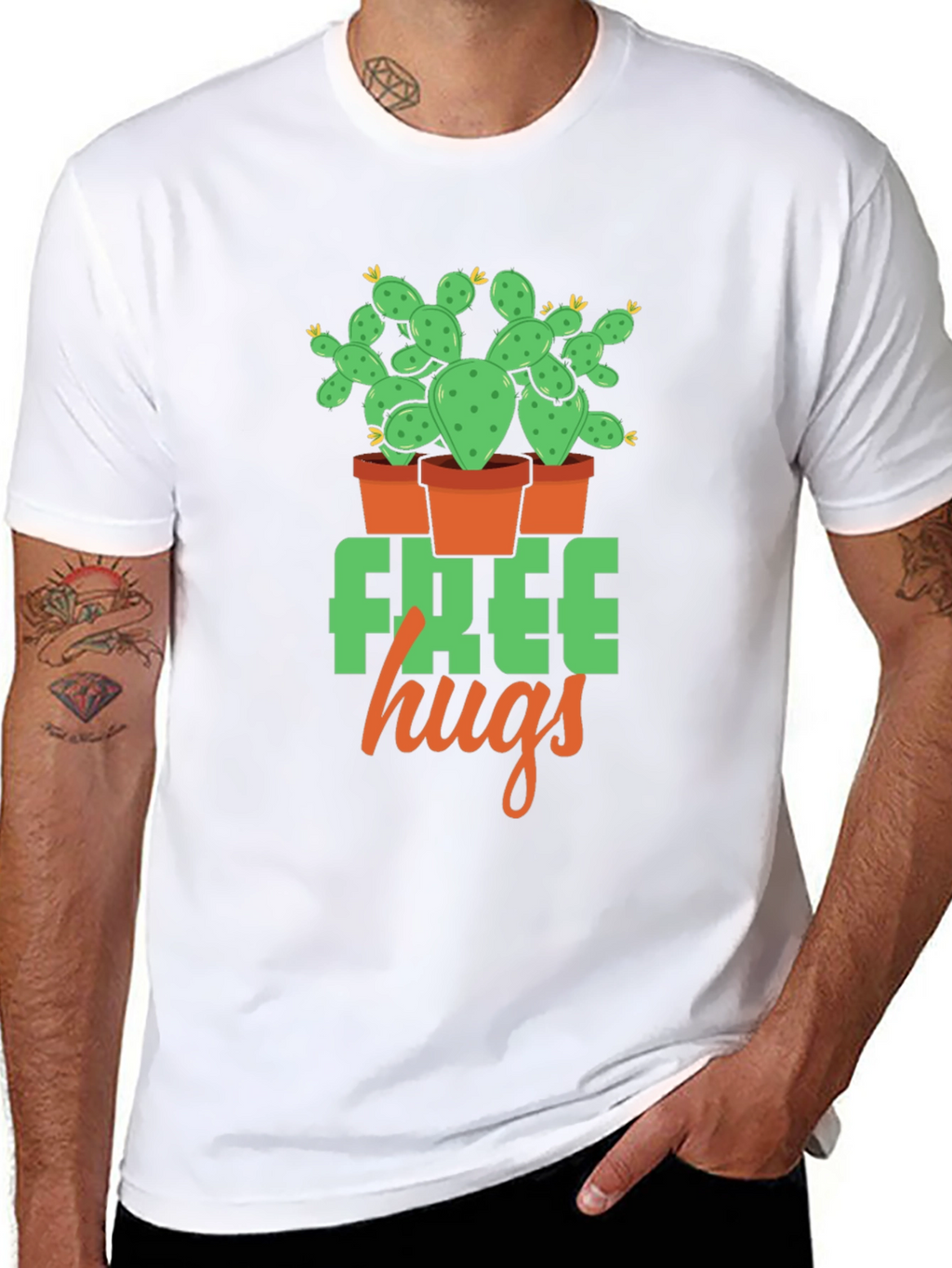 Free Hugs Cactus Graphic T-Shirt - Black
