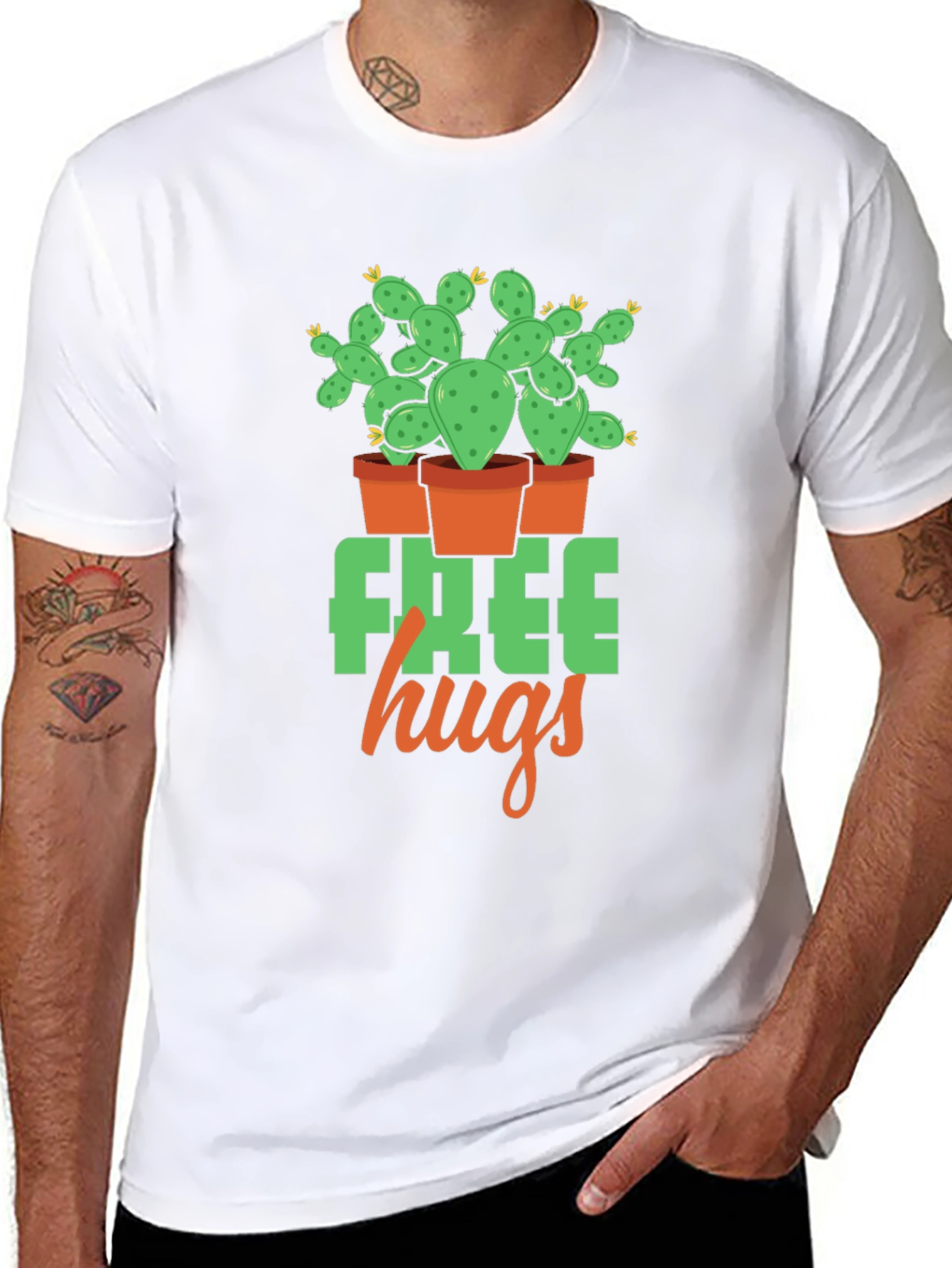 Free Hugs Cactus Graphic T-Shirt - Black