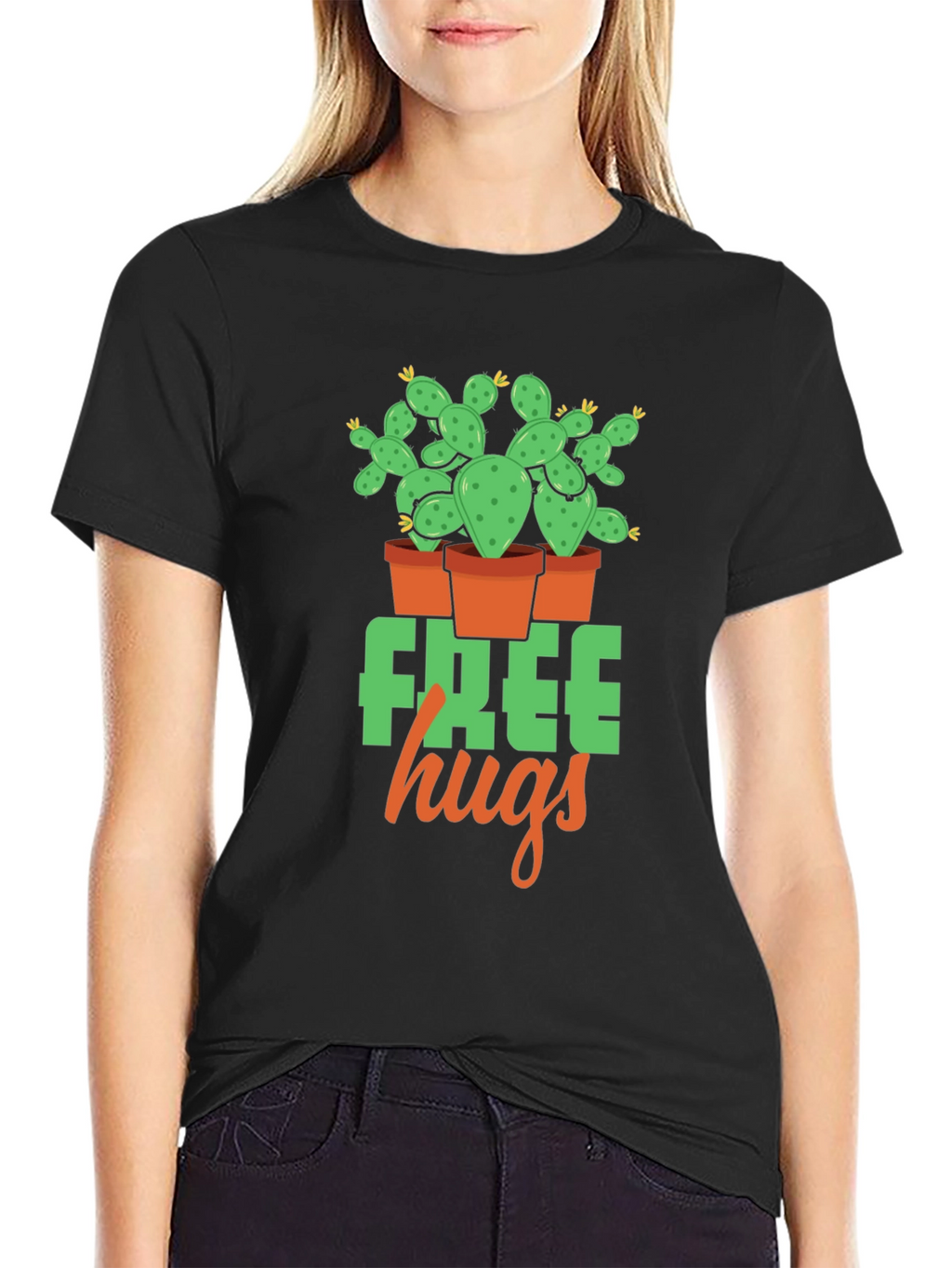 Free Hugs Cactus Graphic T-Shirt - Black