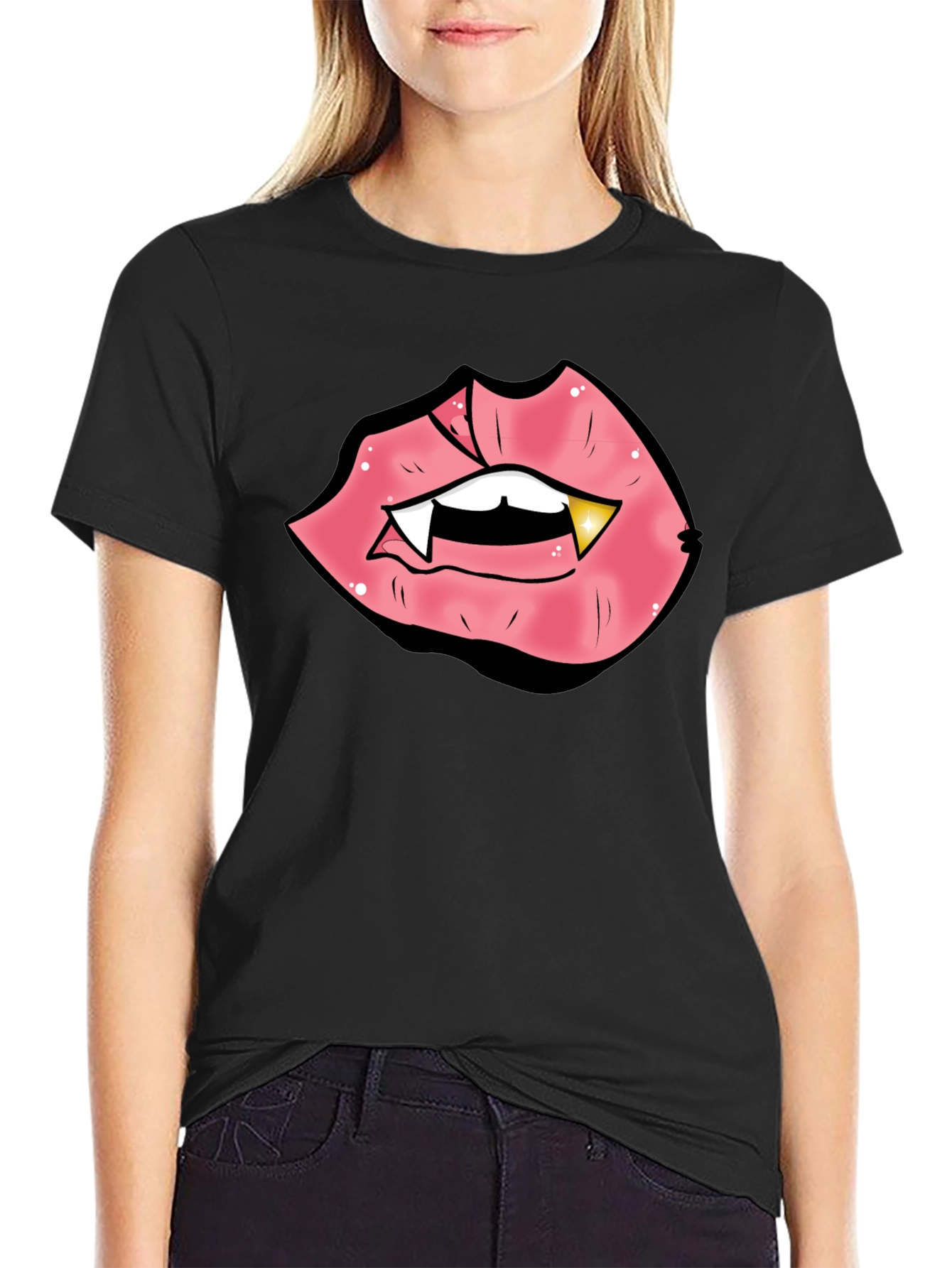 Vampire Lips Graphic Tee - Black Cotton Blend