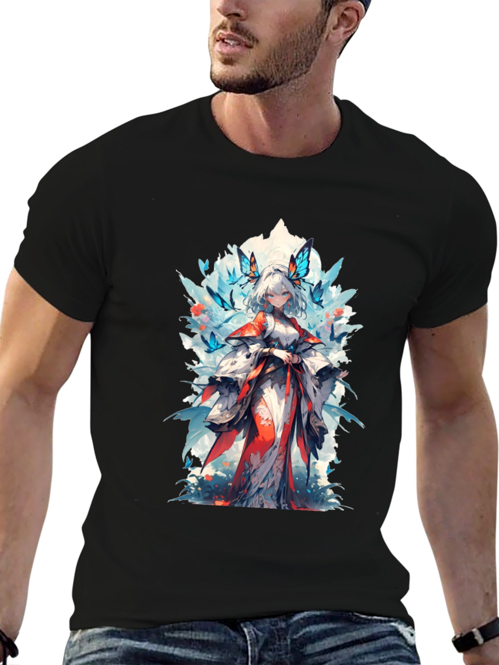 Anime Girl Butterfly T-Shirt - Black