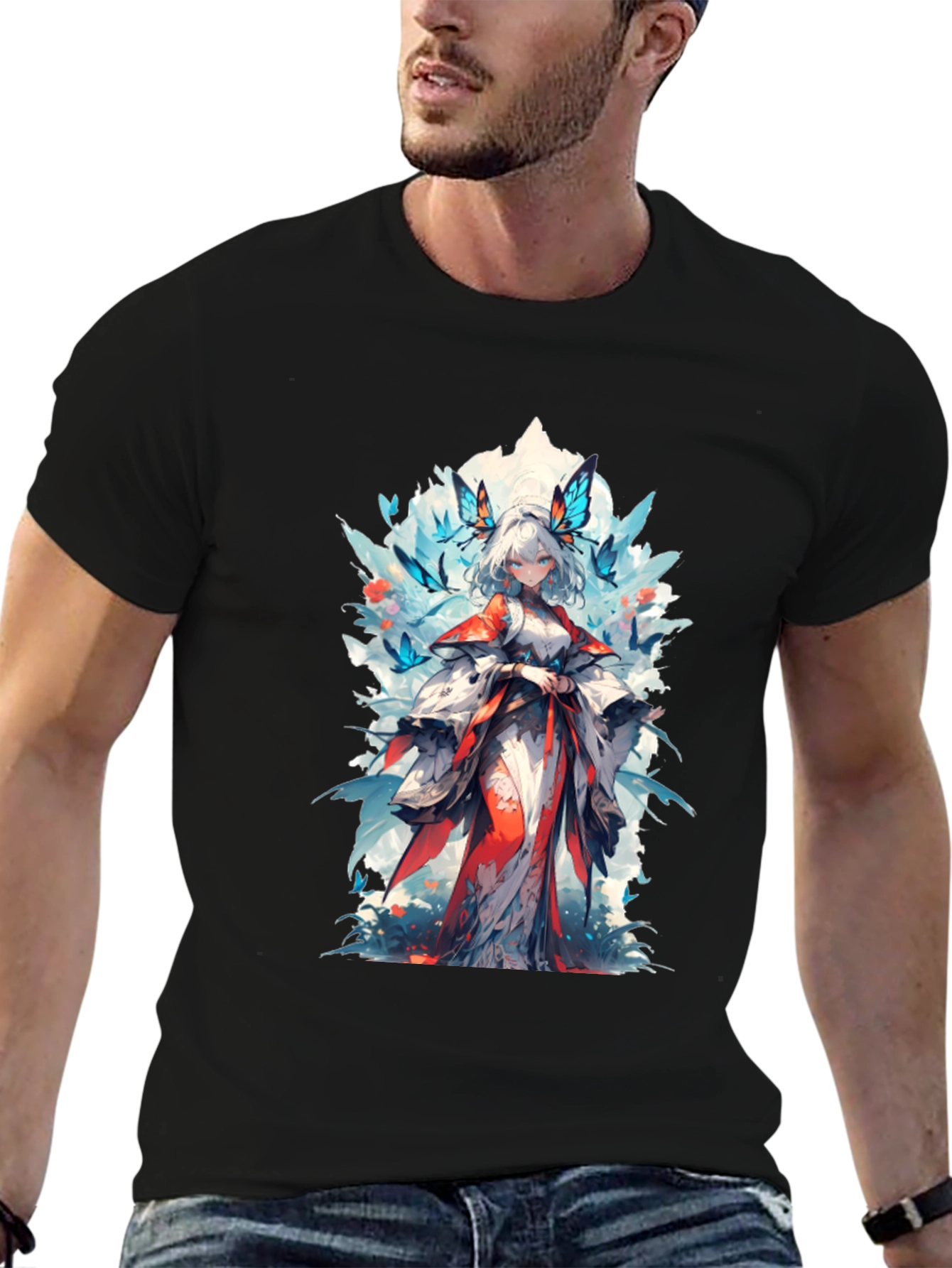 Anime Girl Butterfly T-Shirt - Black