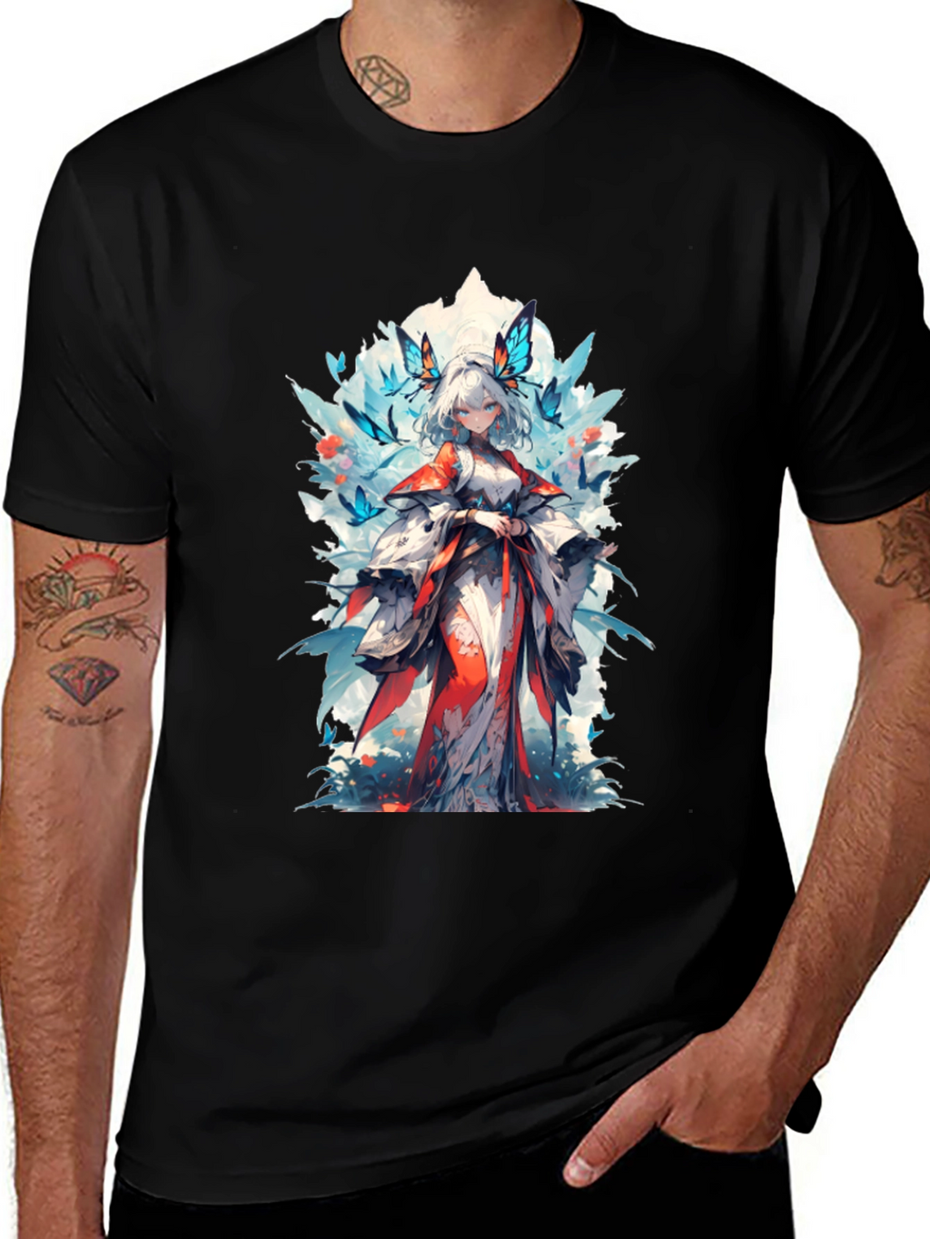 Anime Girl Butterfly T-Shirt - Black