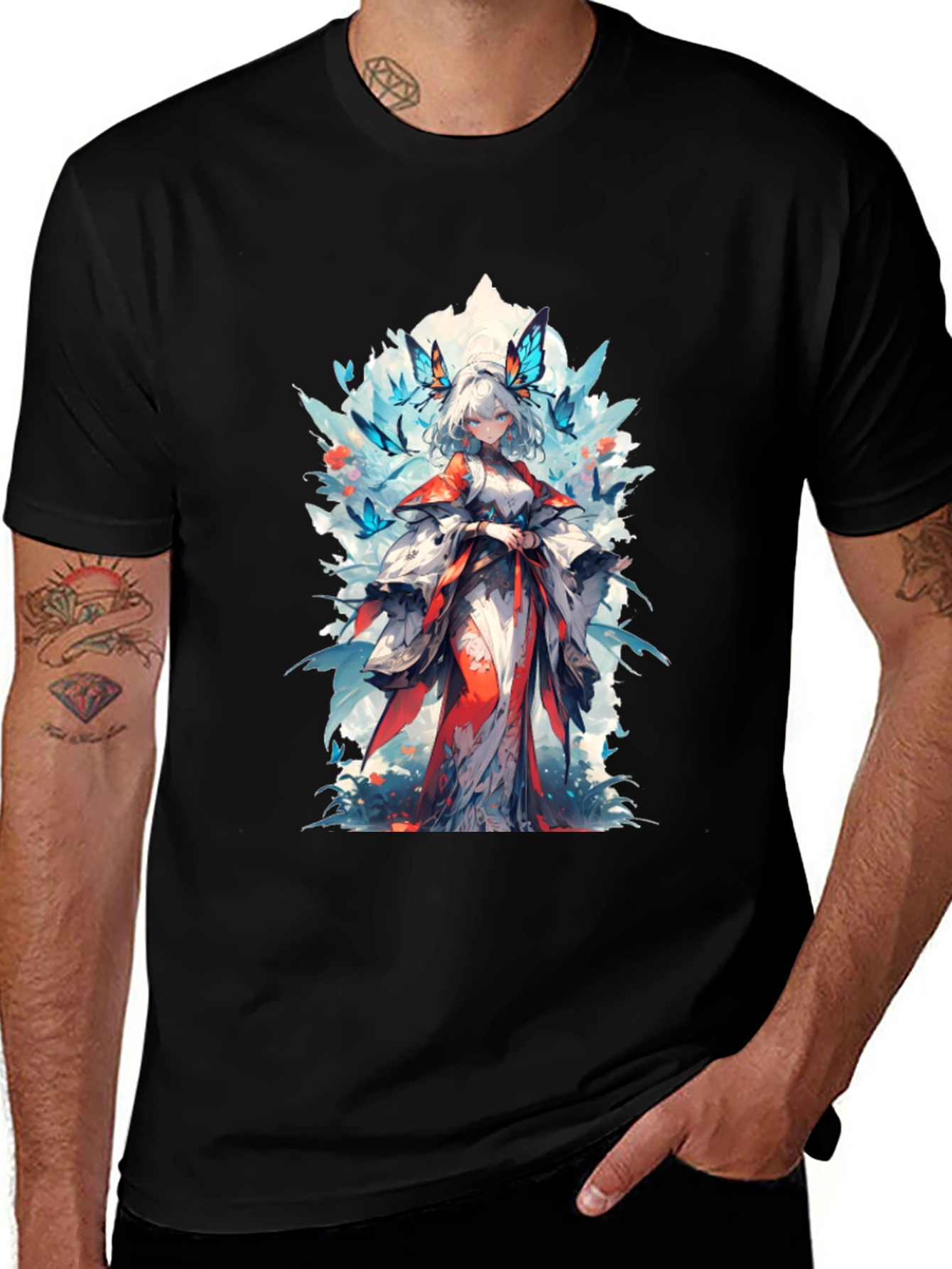 Anime Girl Butterfly T-Shirt - Black