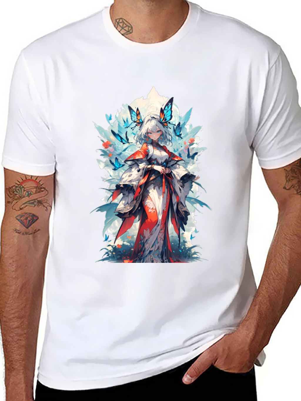 Anime Girl Butterfly T-Shirt - Black