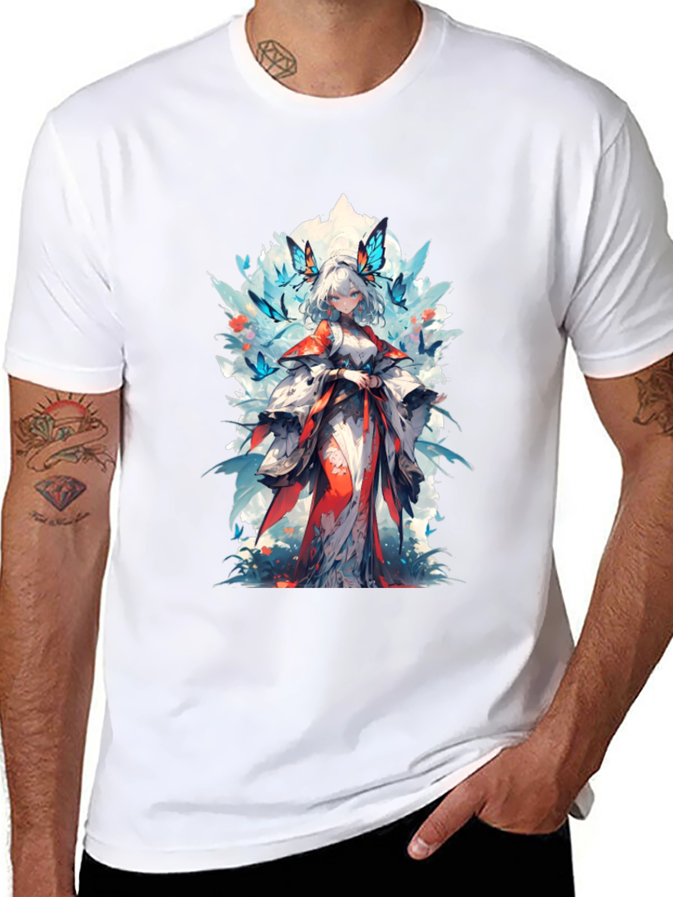Anime Girl Butterfly T-Shirt - Black