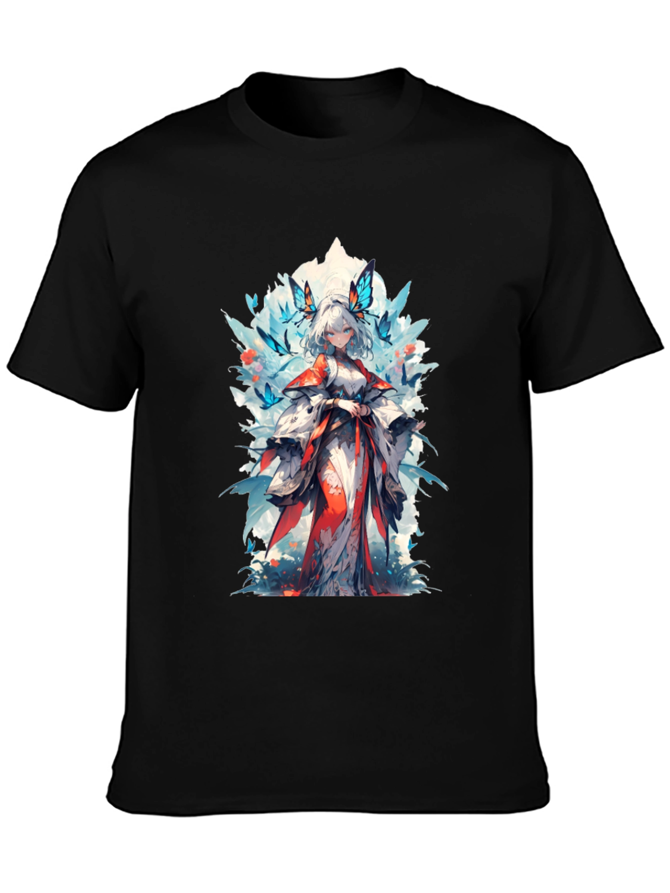 Anime Girl Butterfly T-Shirt - Black